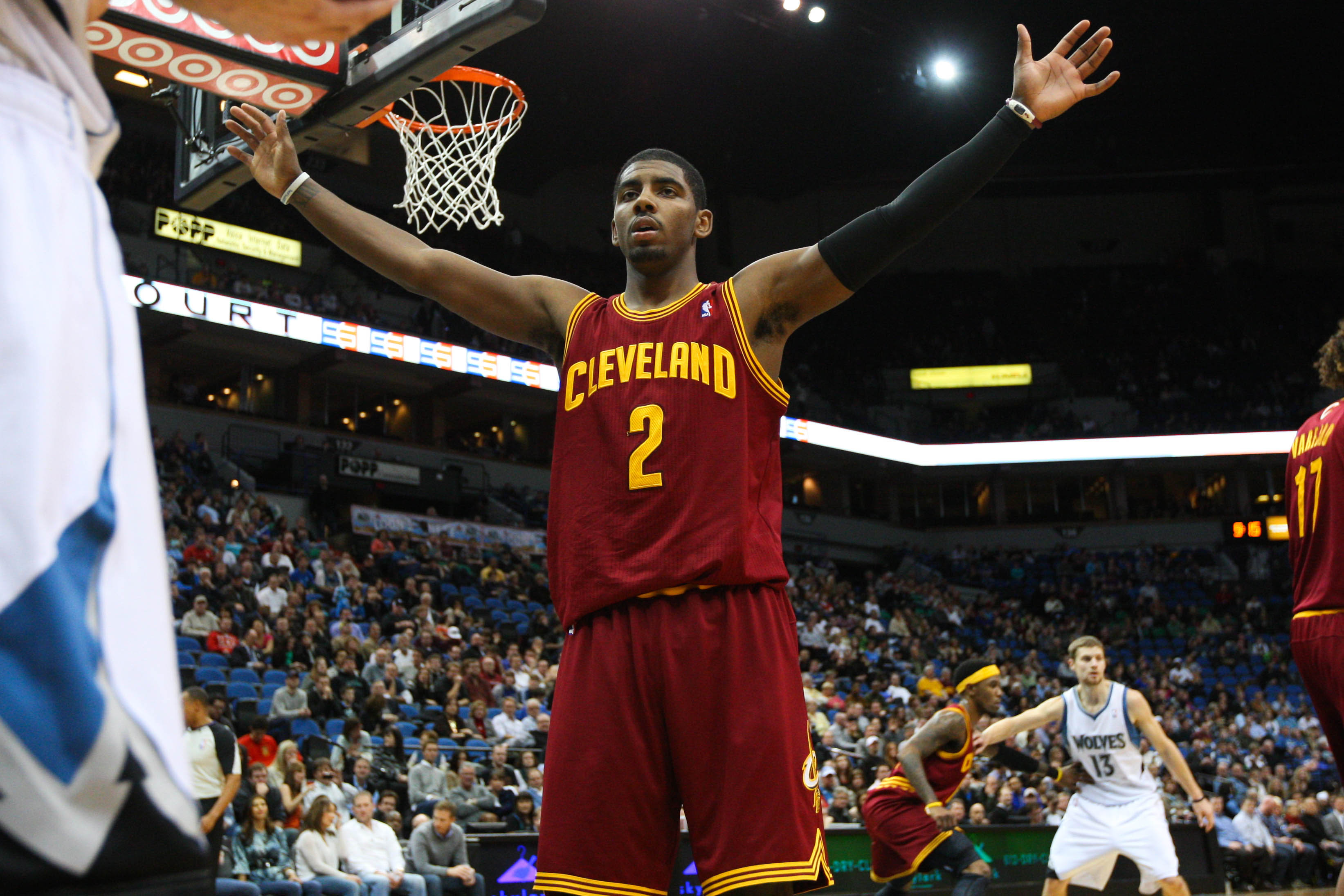 Jan 6, 2012; Minneapolis, MN, USA; Cleveland Cavaliers guard Kyrie Irving (2) against the Minnesota Timberwolves at the Target Center. Cleveland defeated Minnesota 98-87. Mandatory Credit: Brace Hemmelgarn-Imagn Images  