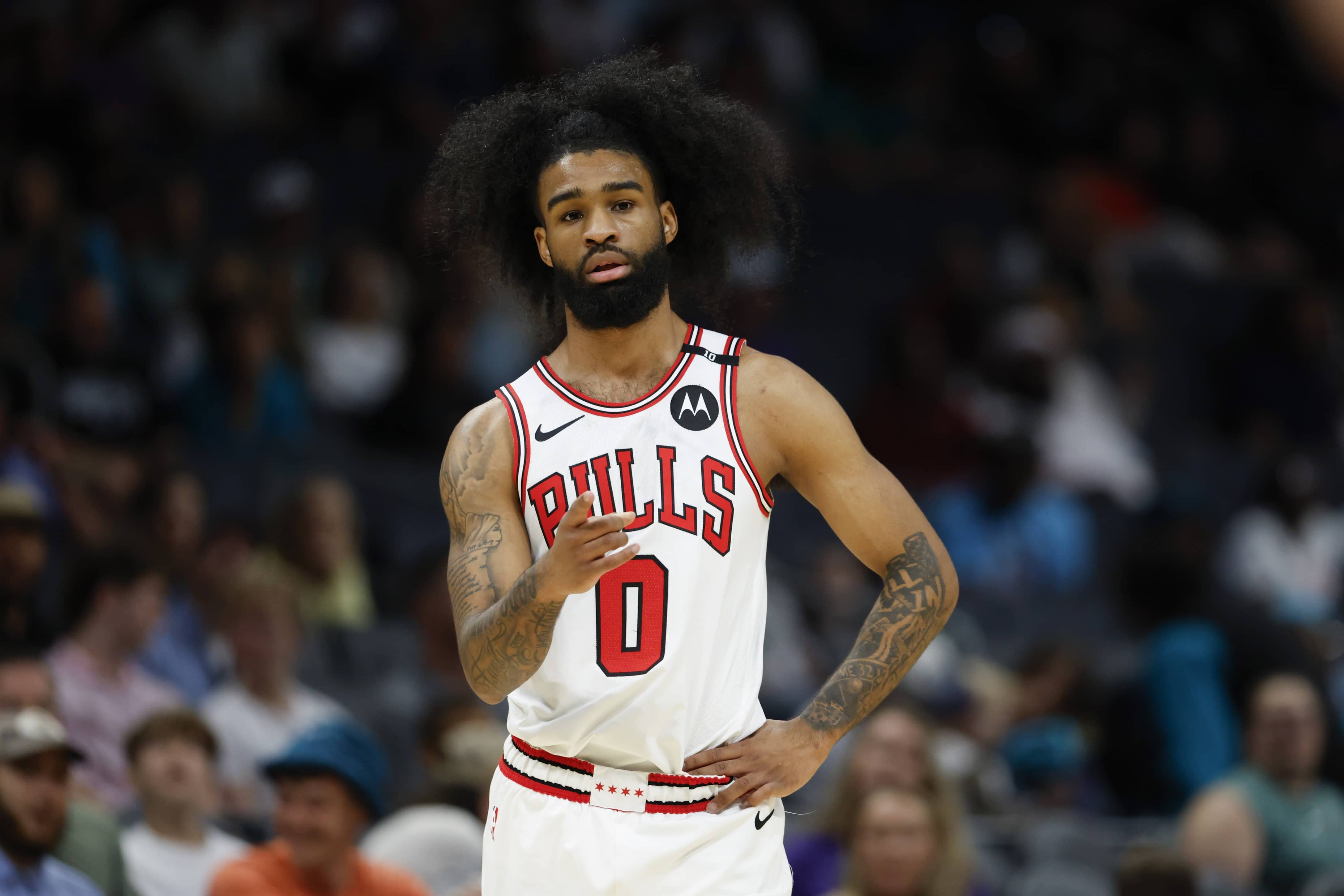 Apr 6, 2025; Charlotte, North Carolina, USA; Chicago Bulls guard Coby White (0) stands on the court during the first quarter against the Charlotte Hornets at Spectrum Center. Mandatory Credit: Nell Redmond-Imagn Images