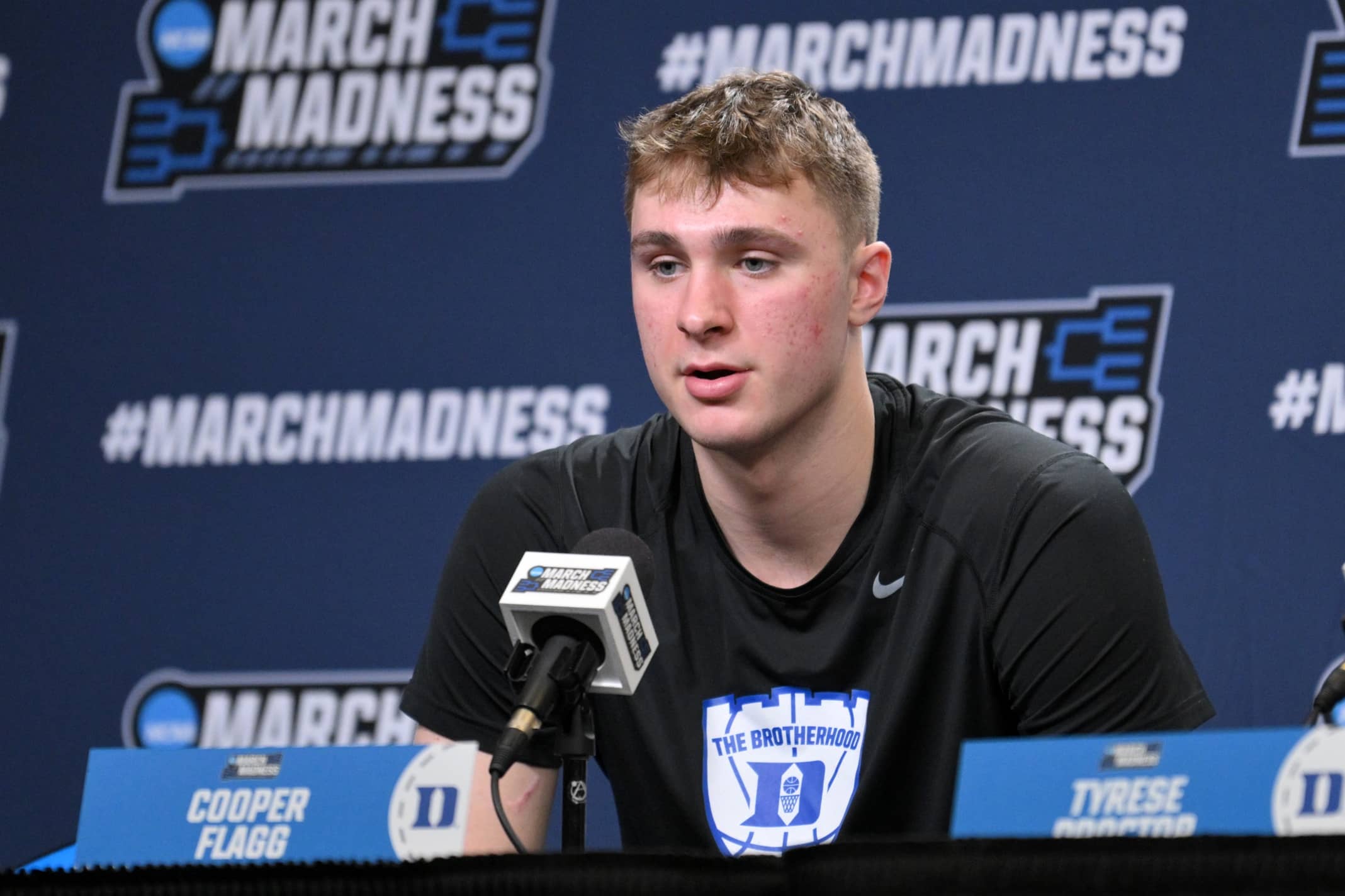 Raleigh, NC, USA; Duke Blue Devils forward Cooper Flagg (2) responds to a question during the NCAA pre-tournament press conference at Lenovo Center. Mandatory Credit: Zachary Taft-Imagn Images