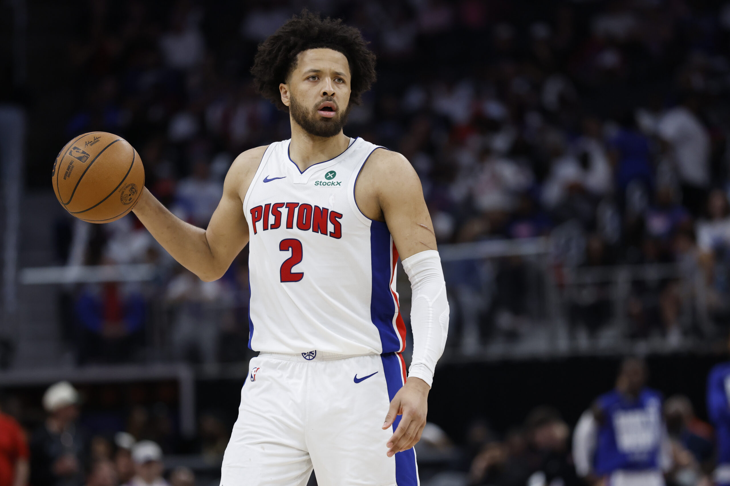 Detroit Pistons guard Cade Cunningham (2) dribbles in the second half against the New York Knicks.