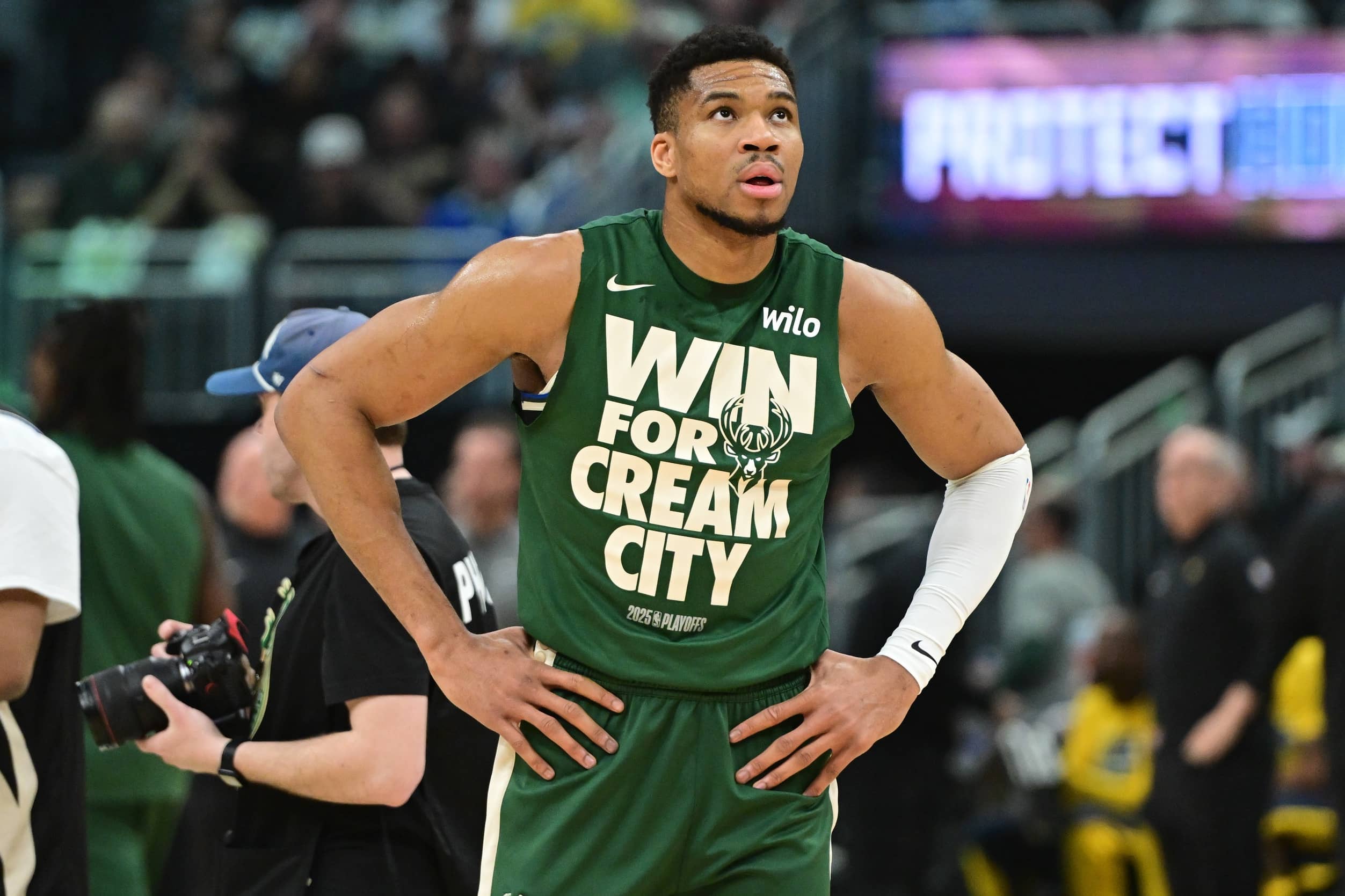 Apr 27, 2025; Milwaukee, Wisconsin, USA; Milwaukee Bucks forward Giannis Antetokounmpo (34) gets ready to play Indiana Pacers during game four of first round for the 2024 NBA Playoffs at Fiserv Forum. Mandatory Credit: Benny Sieu-Imagn Images