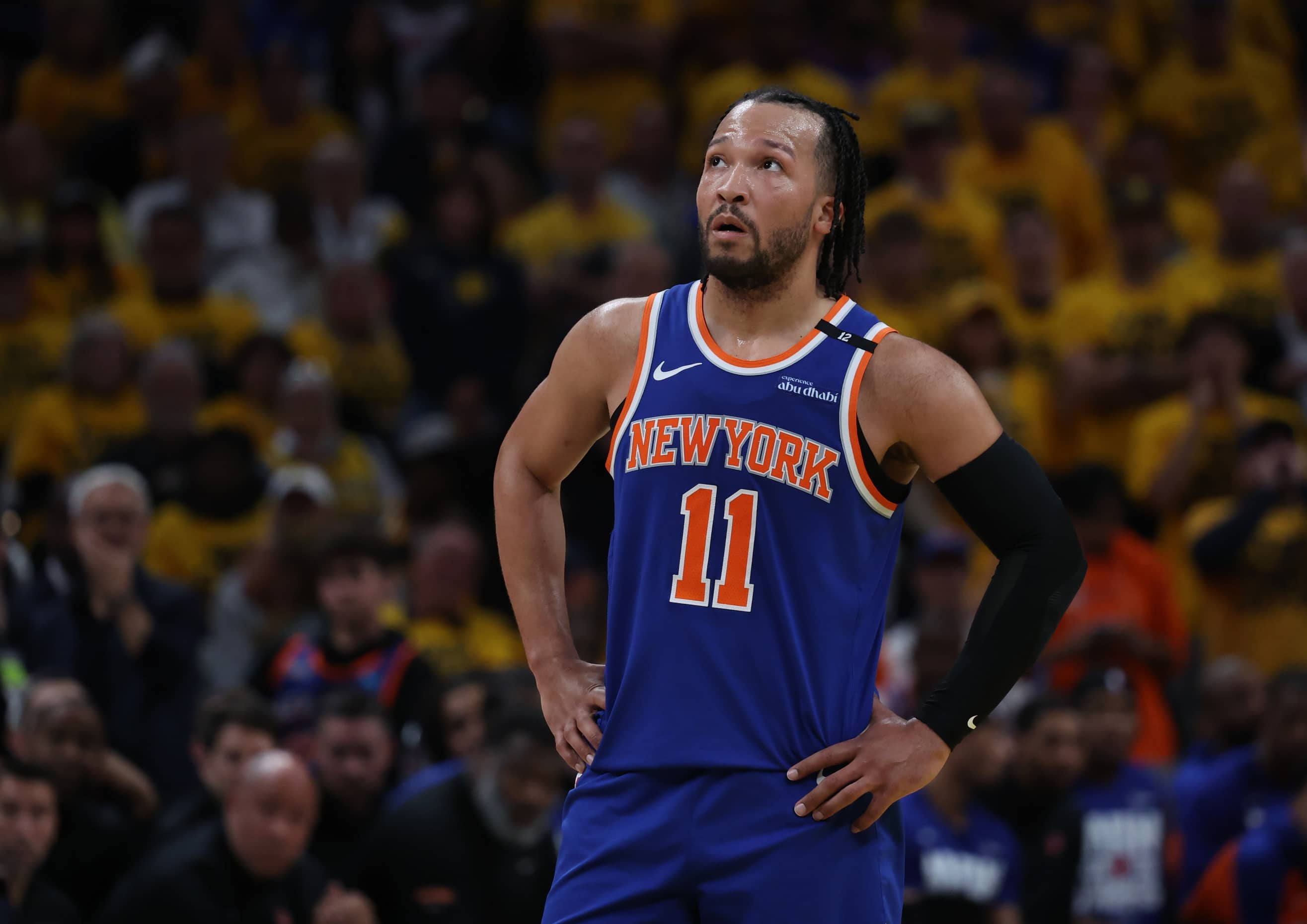 Dec 11, 2024; New York, New York, USA; New York Knicks guard Jalen Brunson (11) drives to the basket against Atlanta Hawks guard Dyson Daniels (5) during the third quarter at Madison Square Garden. Mandatory Credit: Brad Penner-Imagn Images