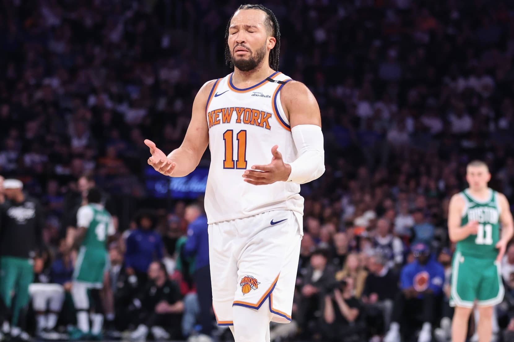 May 10, 2025; New York, New York, USA; New York Knicks guard Jalen Brunson (11) reacts to a call in the third quarter against the Boston Celtics during game three of the second round for the 2025 NBA Playoffs at Madison Square Garden.
