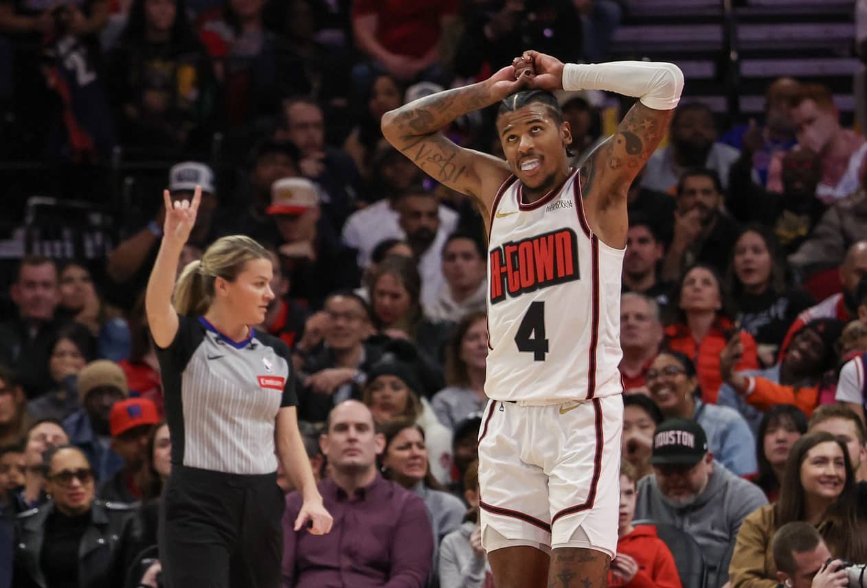 Jan 5, 2025; Houston, Texas, USA; Houston Rockets guard Jalen Green (4) reacts after being called for his fifth personal foul against the Los Angeles Lakers in the third quarter at Toyota Center.