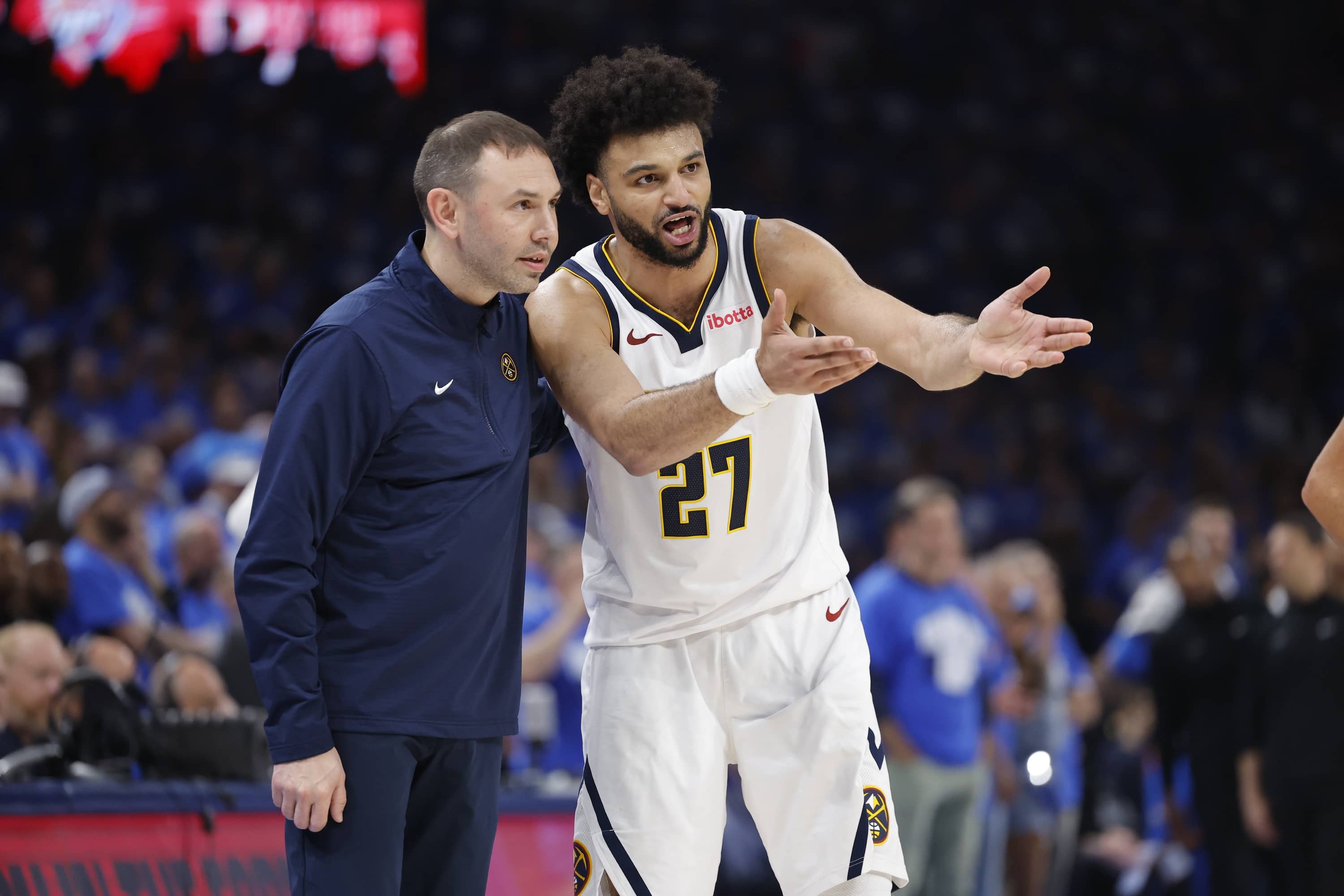 Denver Nuggets guard Jamal Murray reacts in the second quarter against the Oklahoma City Thunder at Ball Arena.