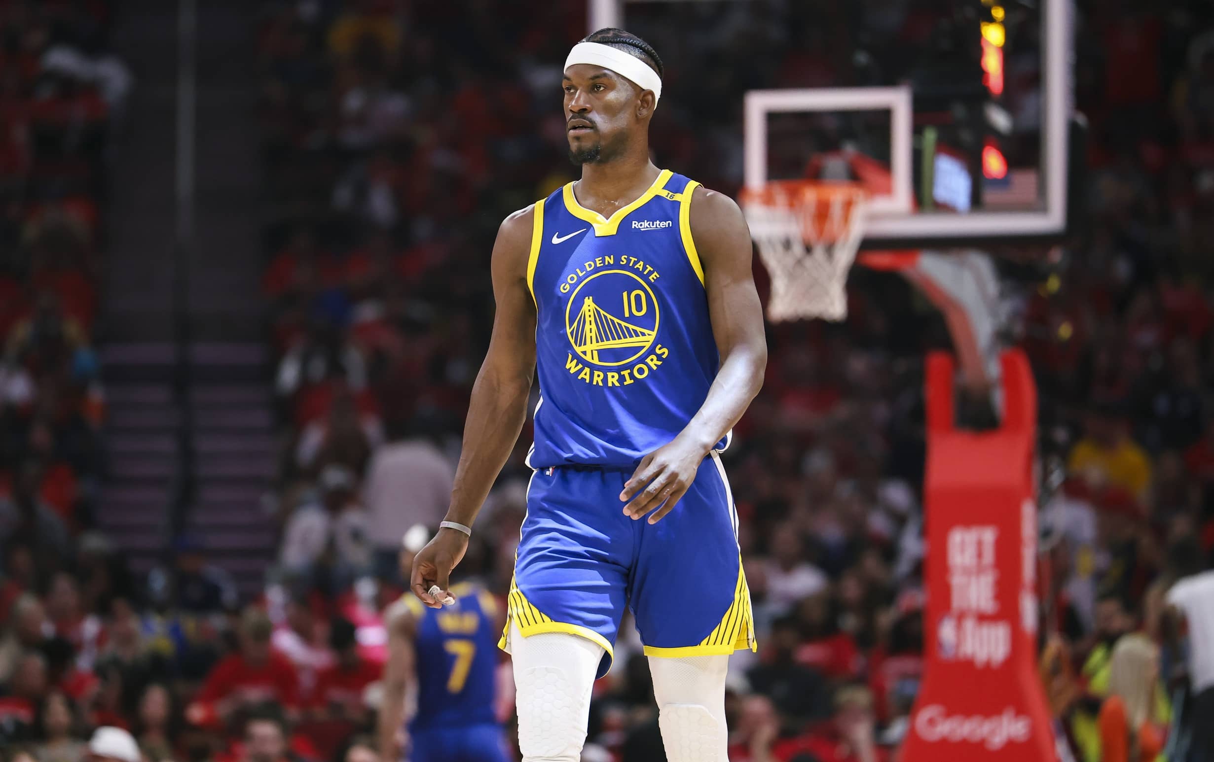 Houston, Texas, USA; Golden State Warriors forward Jimmy Butler III (10) walks on the court during the second quarter against the Houston Rockets at Toyota Center. Mandatory Credit: Troy Taormina-Imagn Images