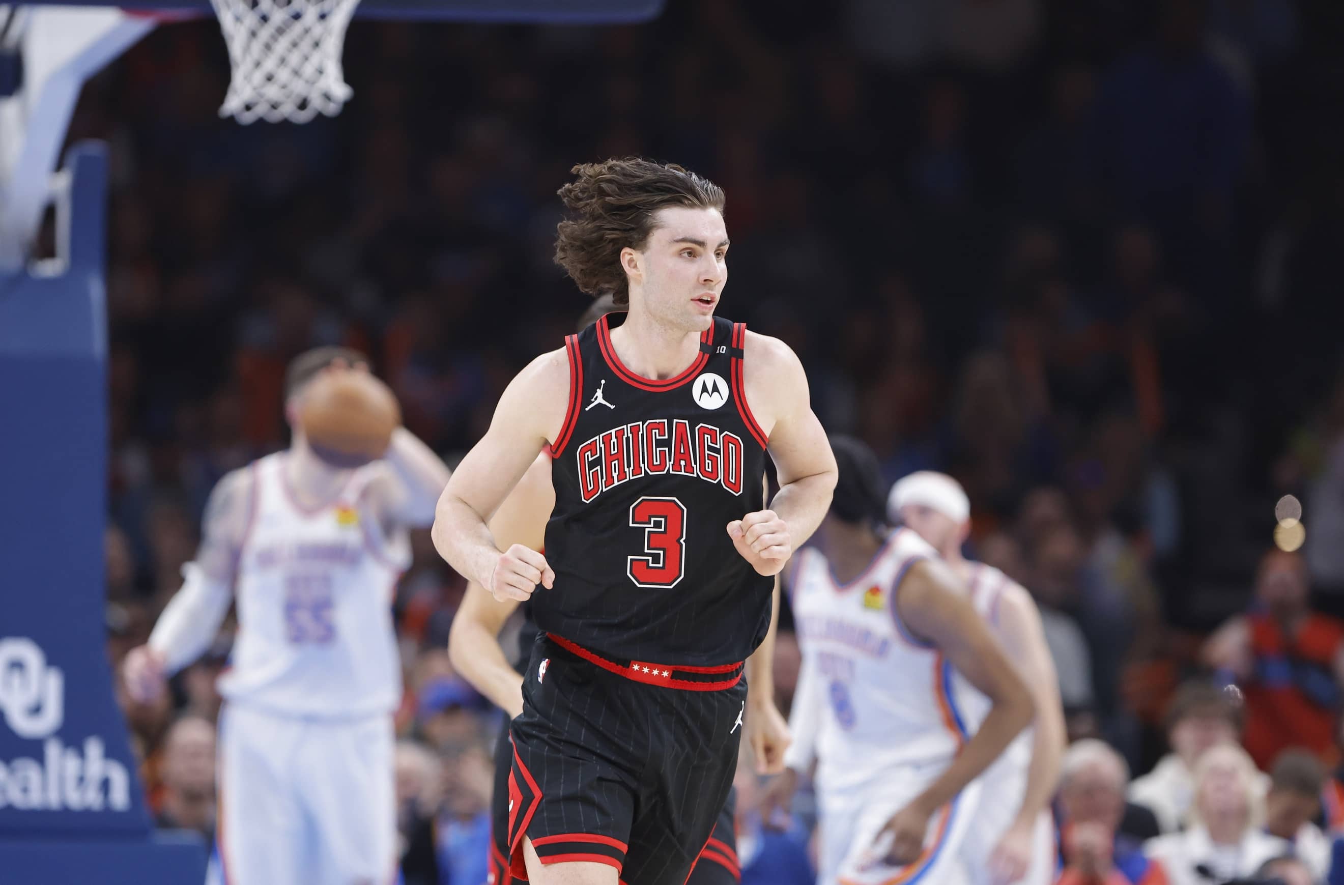 Mar 31, 2025; Oklahoma City, Oklahoma, USA; Chicago Bulls guard Josh Giddey (3) runs down the court after a basket against the Oklahoma City Thunder during the second quarter at Paycom Center. Mandatory Credit: Alonzo Adams-Imagn Images