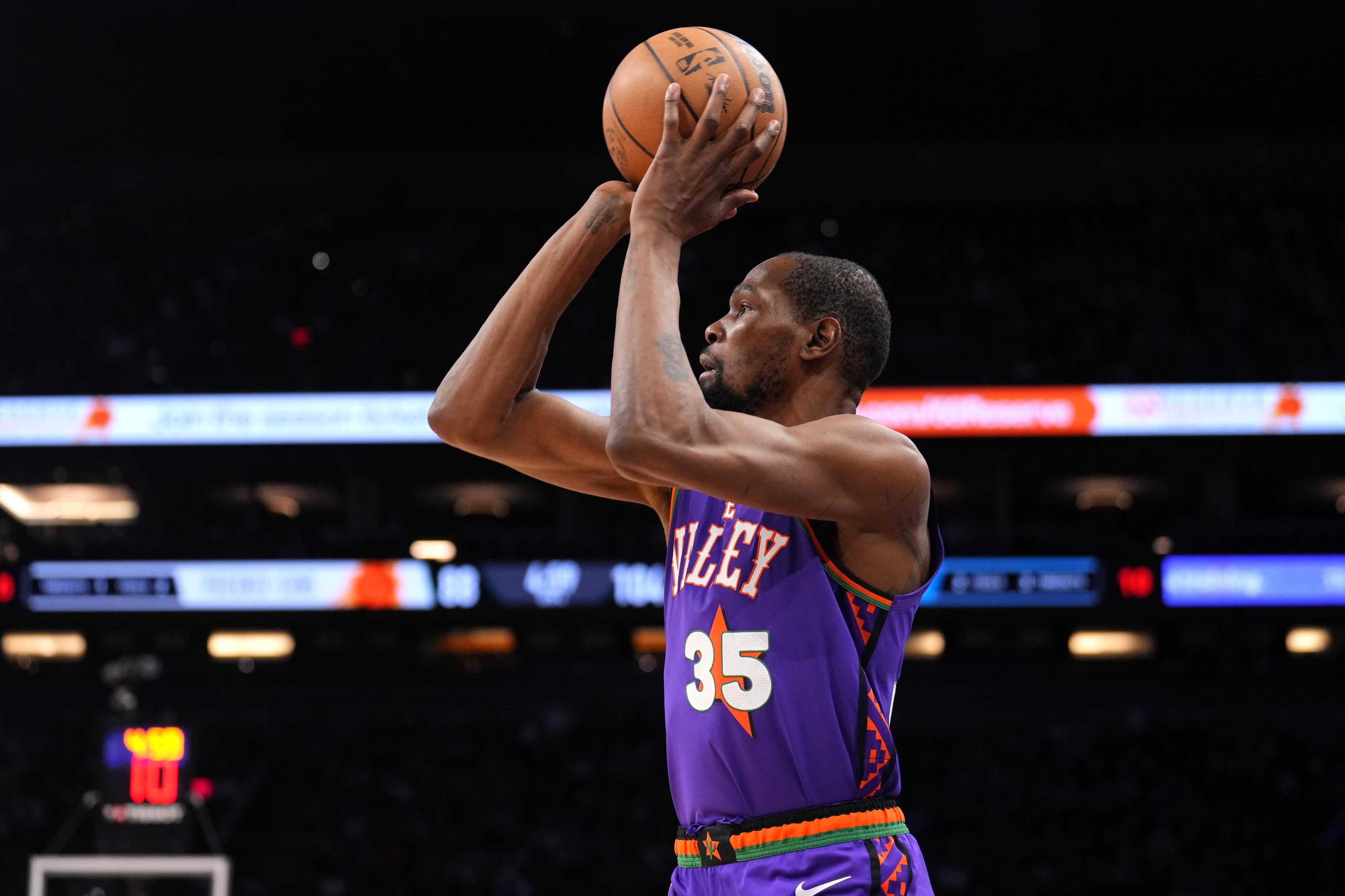 Mar 2, 2025; Phoenix, Arizona, USA; Phoenix Suns forward Kevin Durant (35) shoots against the Minnesota Timberwolves during the second half at Footprint Center. Mandatory Credit: Joe Camporeale-Imagn Images