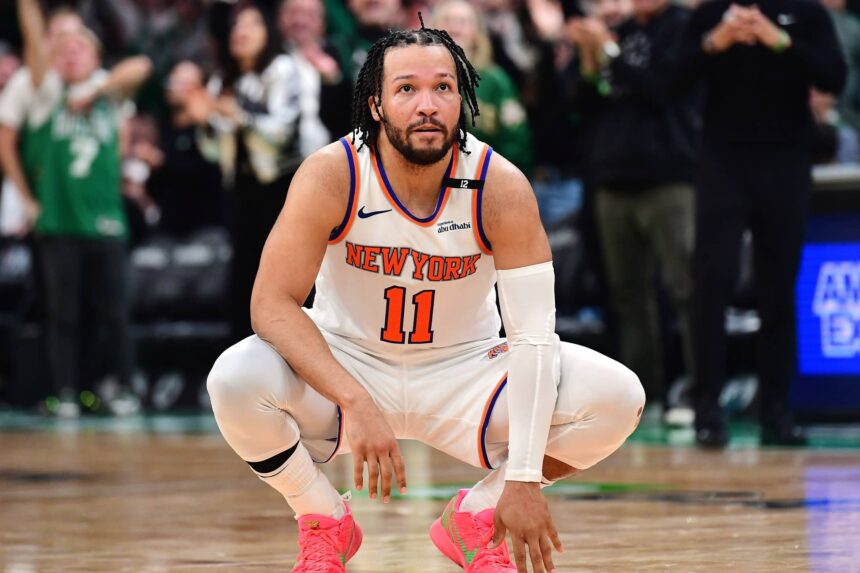 Knicks guard Jalen Brunson fouls out of the game in the second half during game five of the second round for the 2025 NBA Playoffs against the Celtics at TD Garden