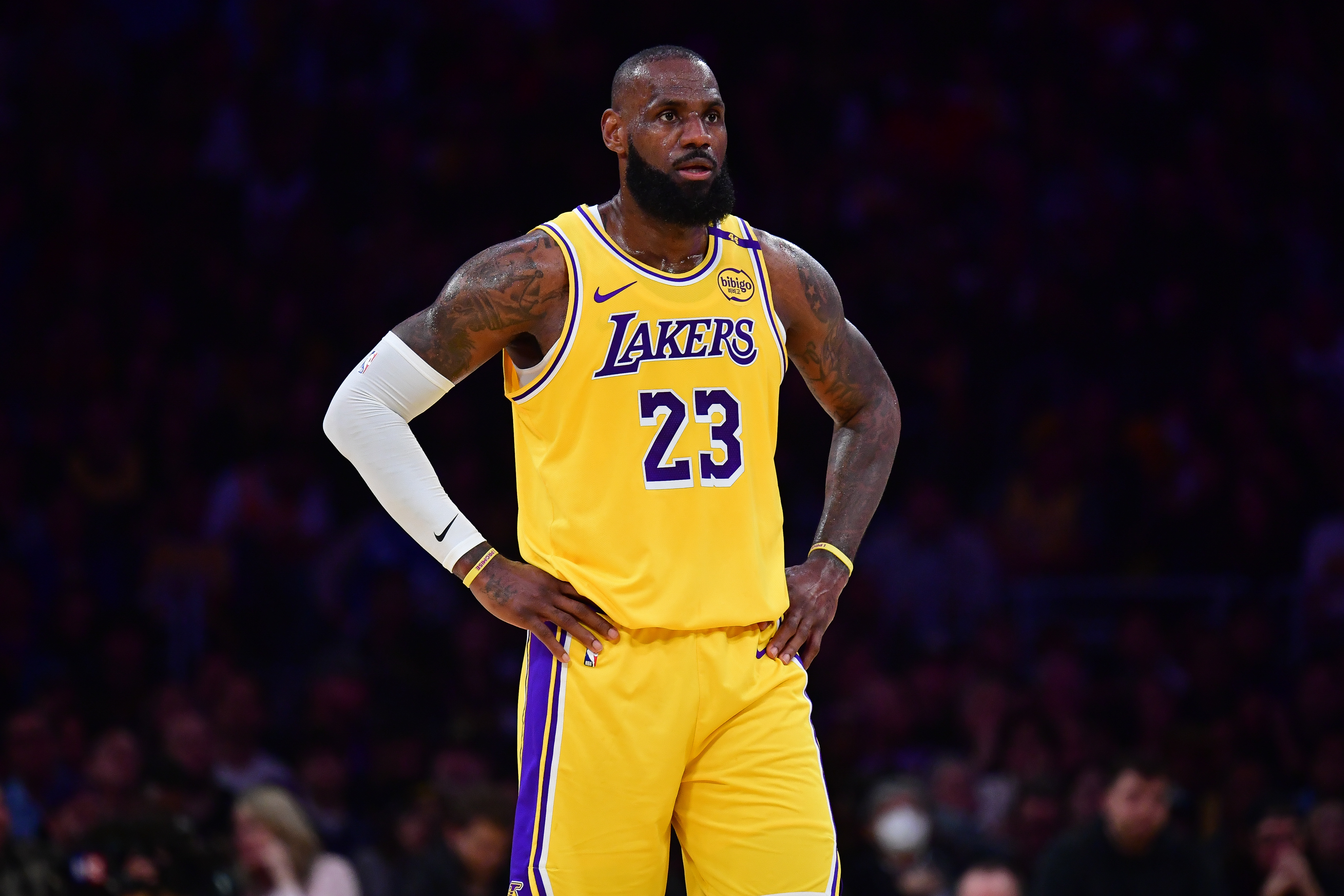 Los Angeles Lakers forward LeBron James (23) reacts during the first half in game five of first round for the 2025 NBA Playoffs at Crypto.com Arena.