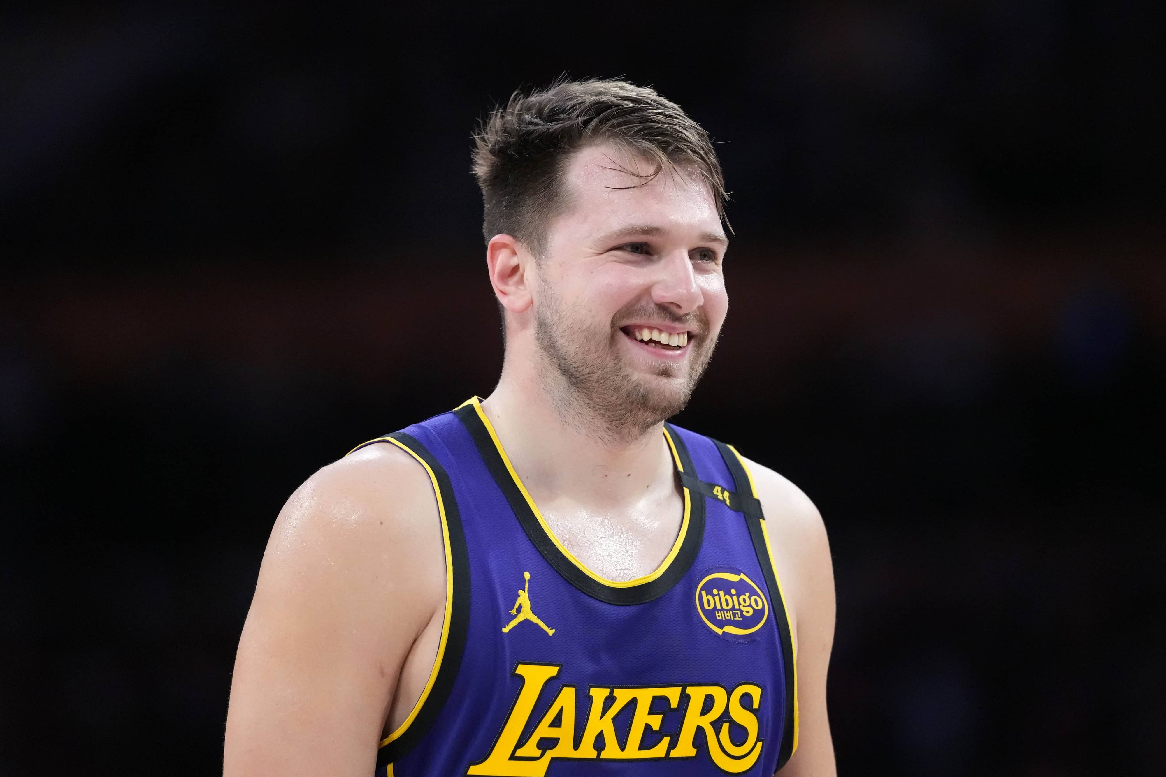 Los Angeles Lakers guard Luka Doncic (77) reacts against the San Antonio Spurs in the first half at Crypto.com Arena.