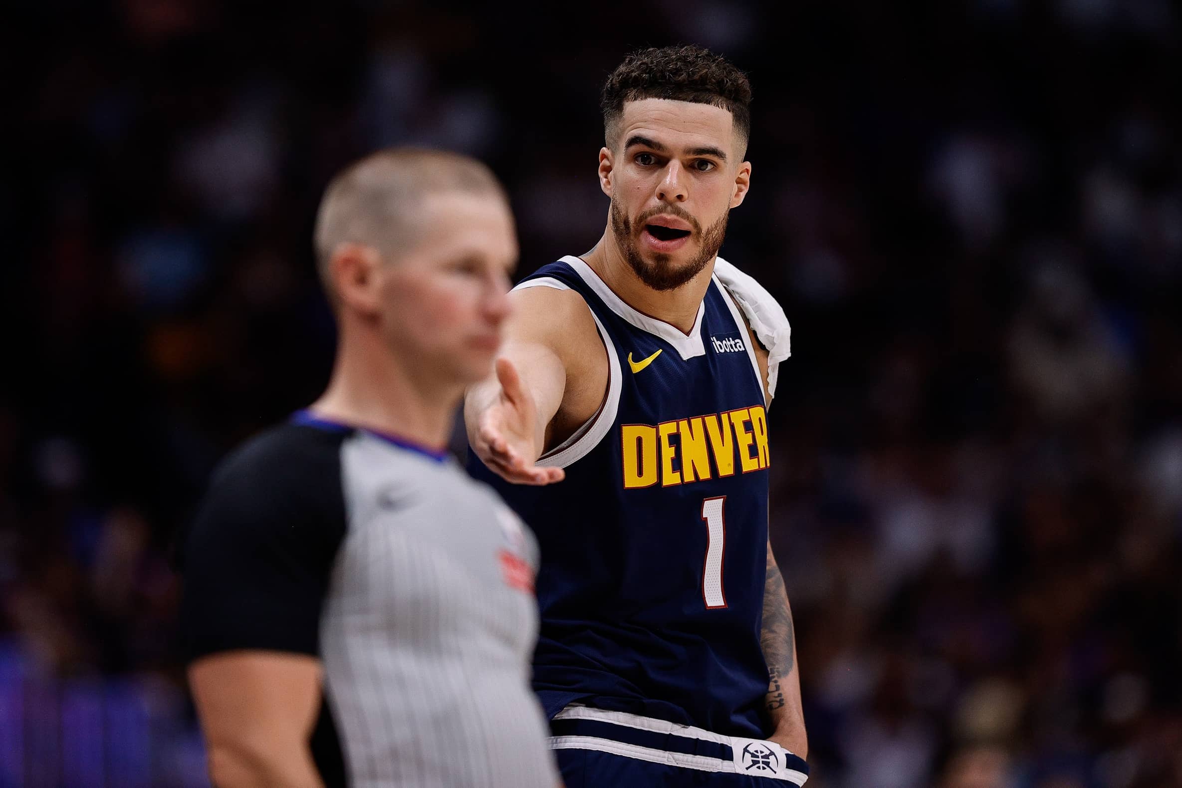 Oct 17, 2024; Minneapolis, Minnesota, USA; Denver Nuggets forward Michael Porter Jr. (1) brings the ball up court against the Minnesota Timberwolves in the first quarter at Target Center. Mandatory Credit: Bruce Kluckhohn-Imagn Images