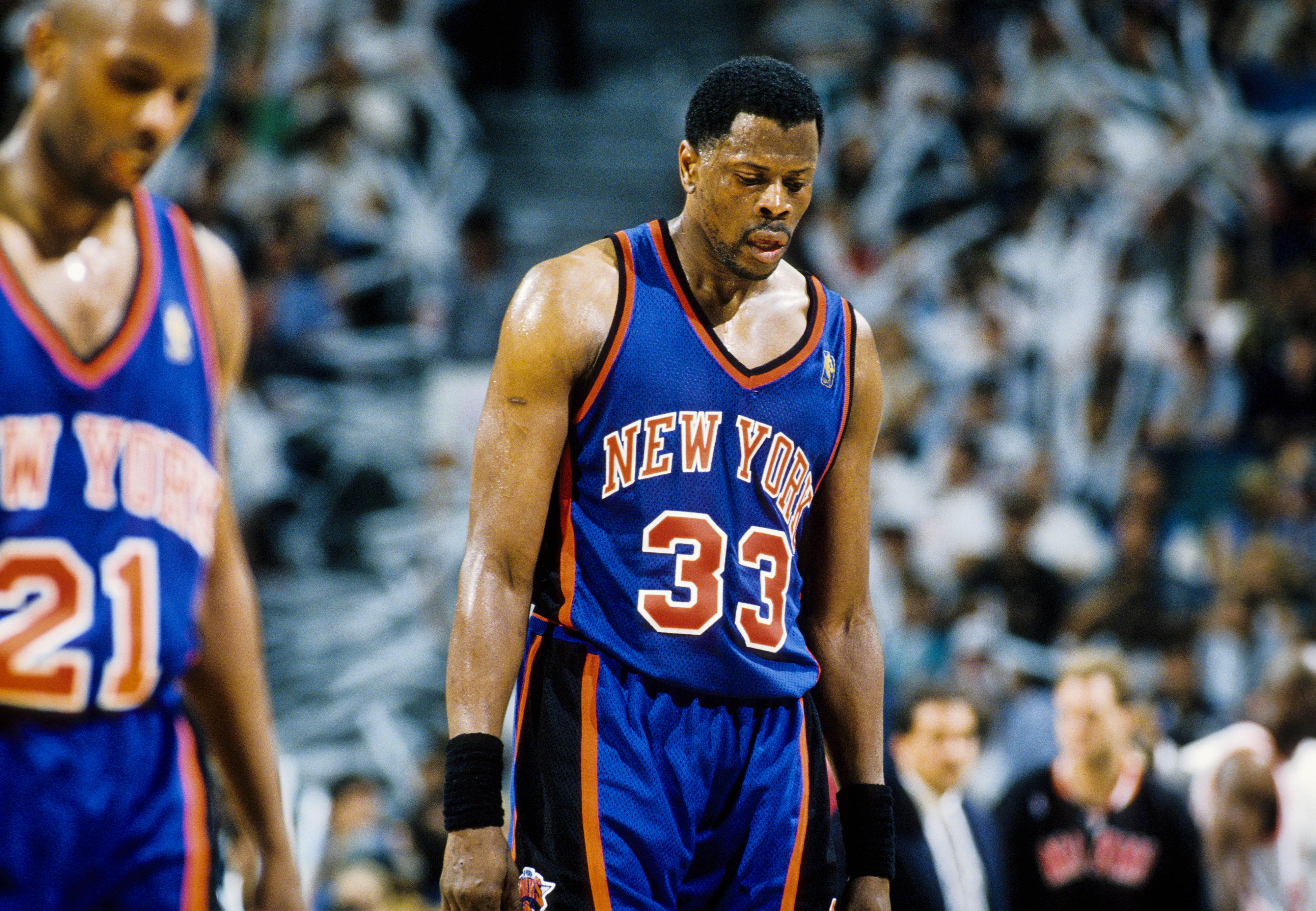 May 18, 1997; Miami, FL; USA; FILE PHOTO; New York Knicks center Patrick Ewing (33) reacts on the court against the Miami Heat during the the first round of the 1997 NBA Playoffs at the Miami Arena. Mandatory Credit: RVR Photos-Imagn Images  