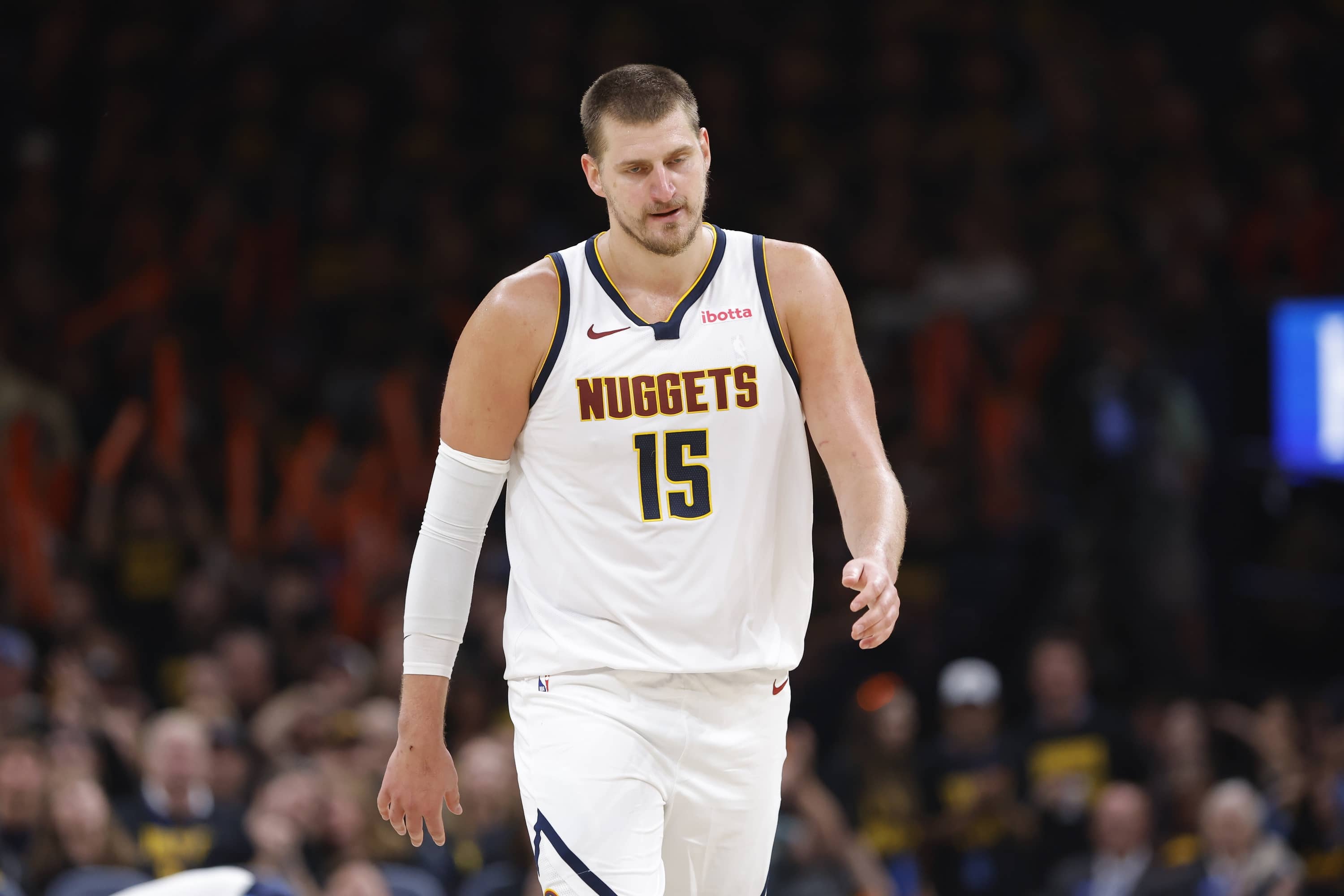 May 7, 2025; Oklahoma City, Oklahoma, USA; Denver Nuggets center Nikola Jokic (15) walks down the court after a play against the Oklahoma City Thunder in the second half during game two of the second round for the 2025 NBA Playoffs at Paycom Center. Mandatory Credit: Alonzo Adams-Imagn Images
