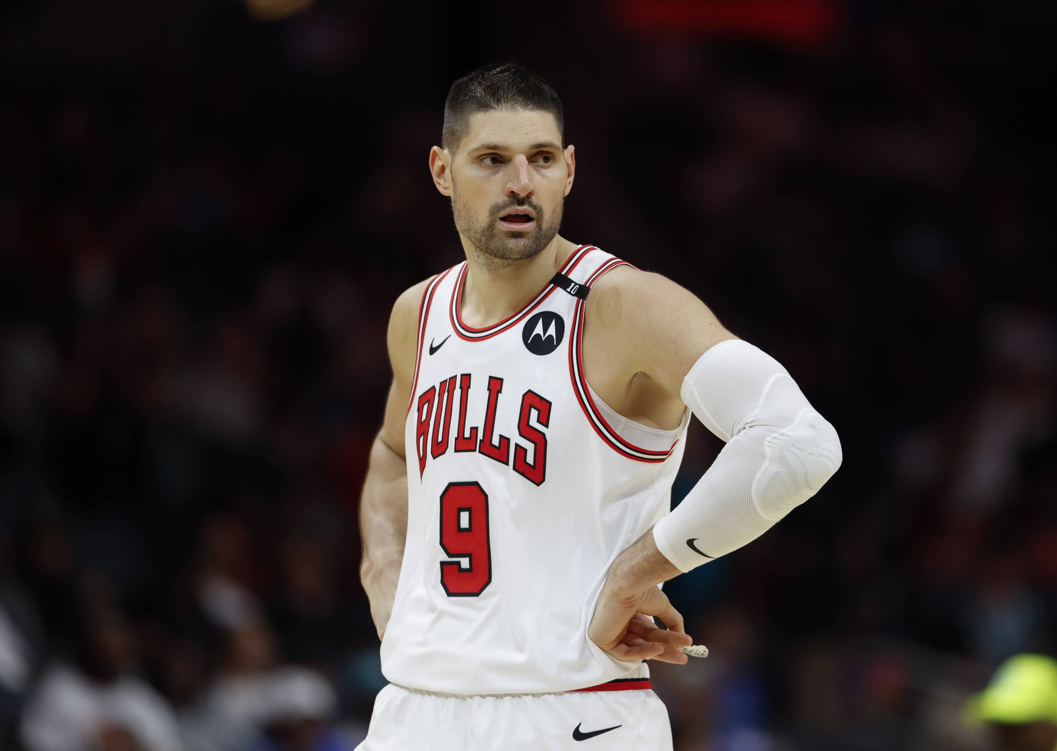 Apr 6, 2025; Charlotte, North Carolina, USA; Chicago Bulls center Nikola Vucevic (9) stands on the court during the second half against the Charlotte Hornets at Spectrum Center. Mandatory Credit: Nell Redmond-Imagn Images