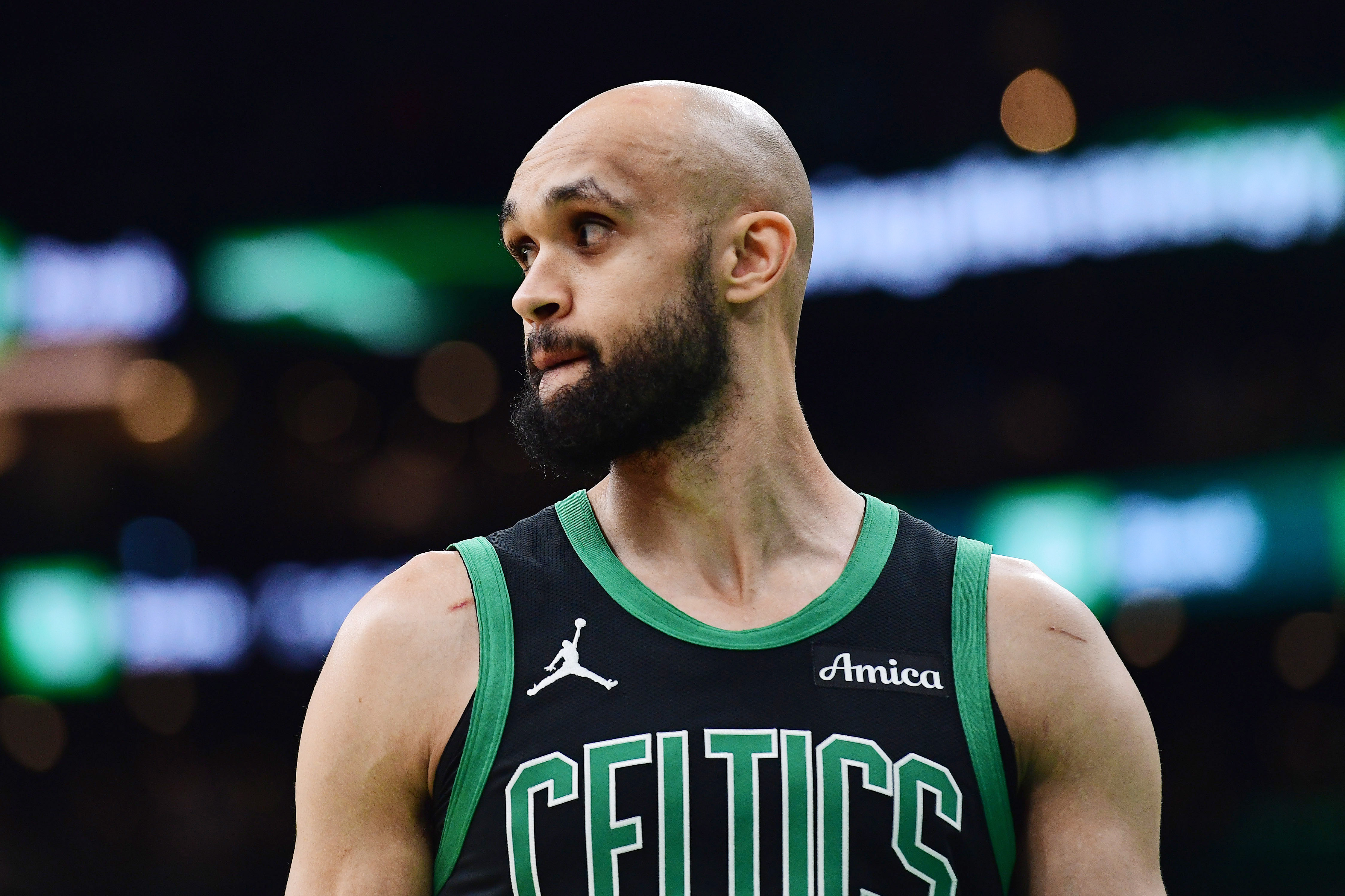 May 14, 2025; Boston, Massachusetts, USA; Boston Celtics guard Derrick White (9) in the first half during game five of the second round for the 2025 NBA Playoffs against the New York Knicks at TD Garden. Mandatory Credit: Bob DeChiara-Imagn Images  