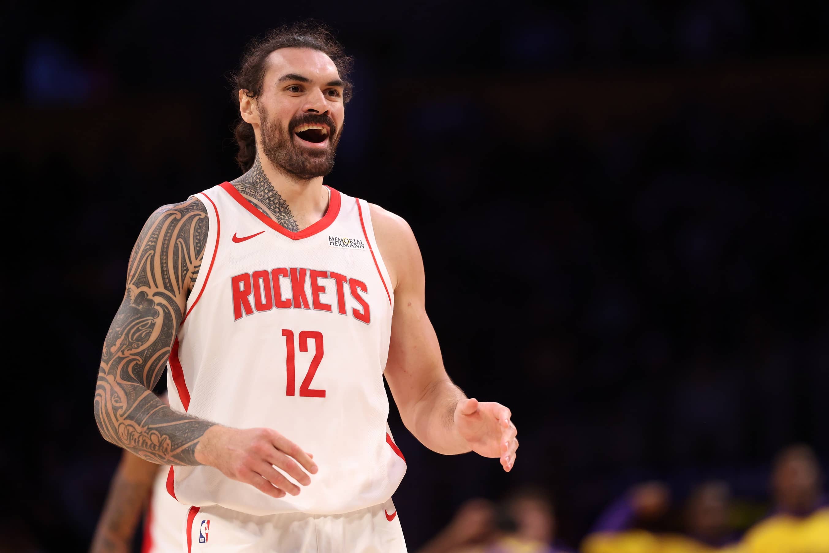 Houston Rockets center Steven Adams (12) reacts to a play during the third quarter against the Los Angeles Lakers at Crypto.com Arena.