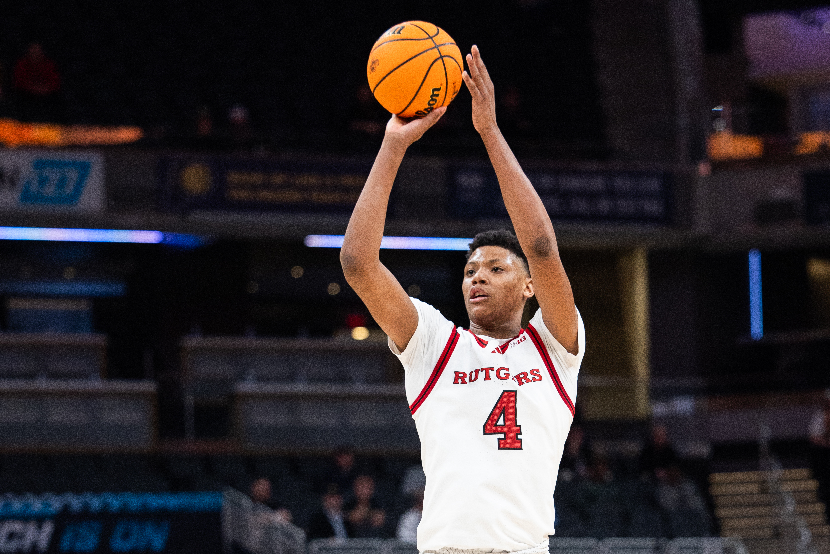 Mar 12, 2025; Indianapolis, IN, USA; Rutgers Scarlet Knights guard Ace Bailey (4) shoots the ball in the second half against the USC Trojans at Gainbridge Fieldhouse. Mandatory Credit: Trevor Ruszkowski-Imagn Images  