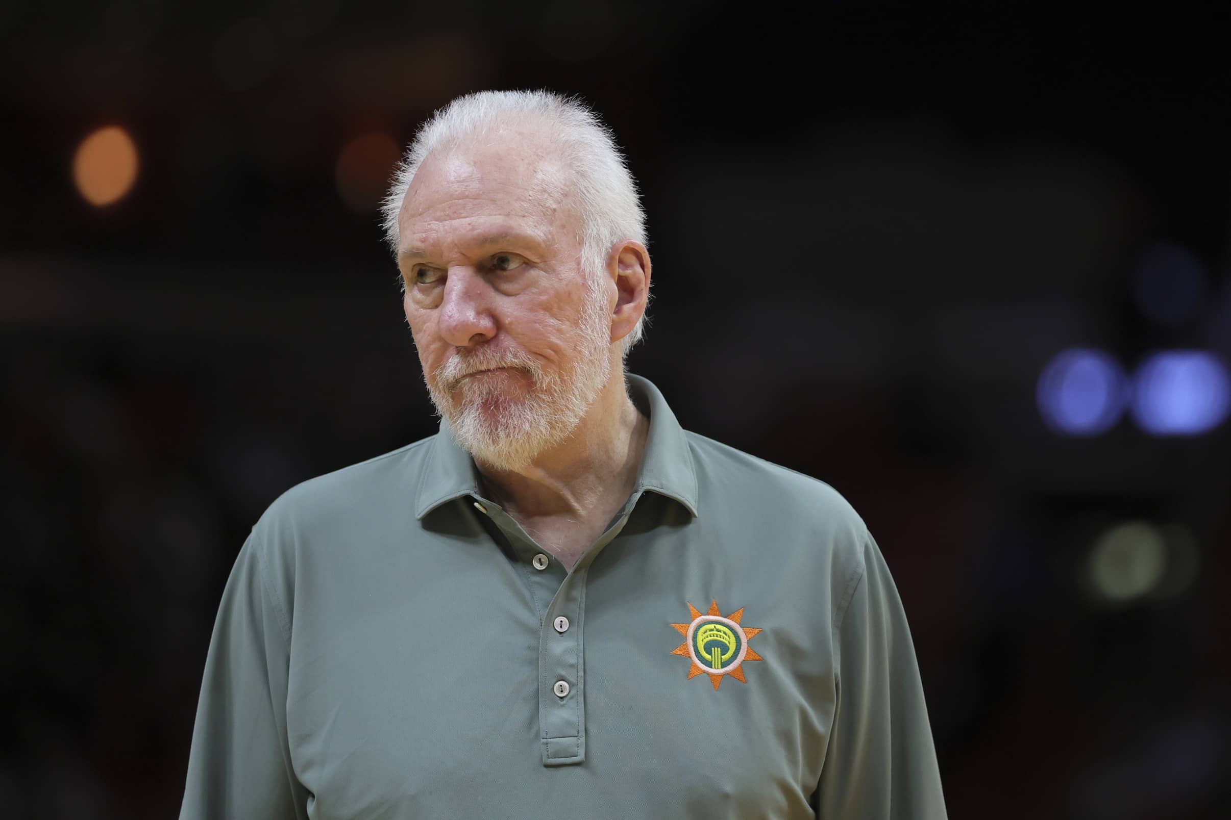 San Antonio Spurs head coach Gregg Popovich looks on against the Miami Heat during the third quarter at Kaseya Center.