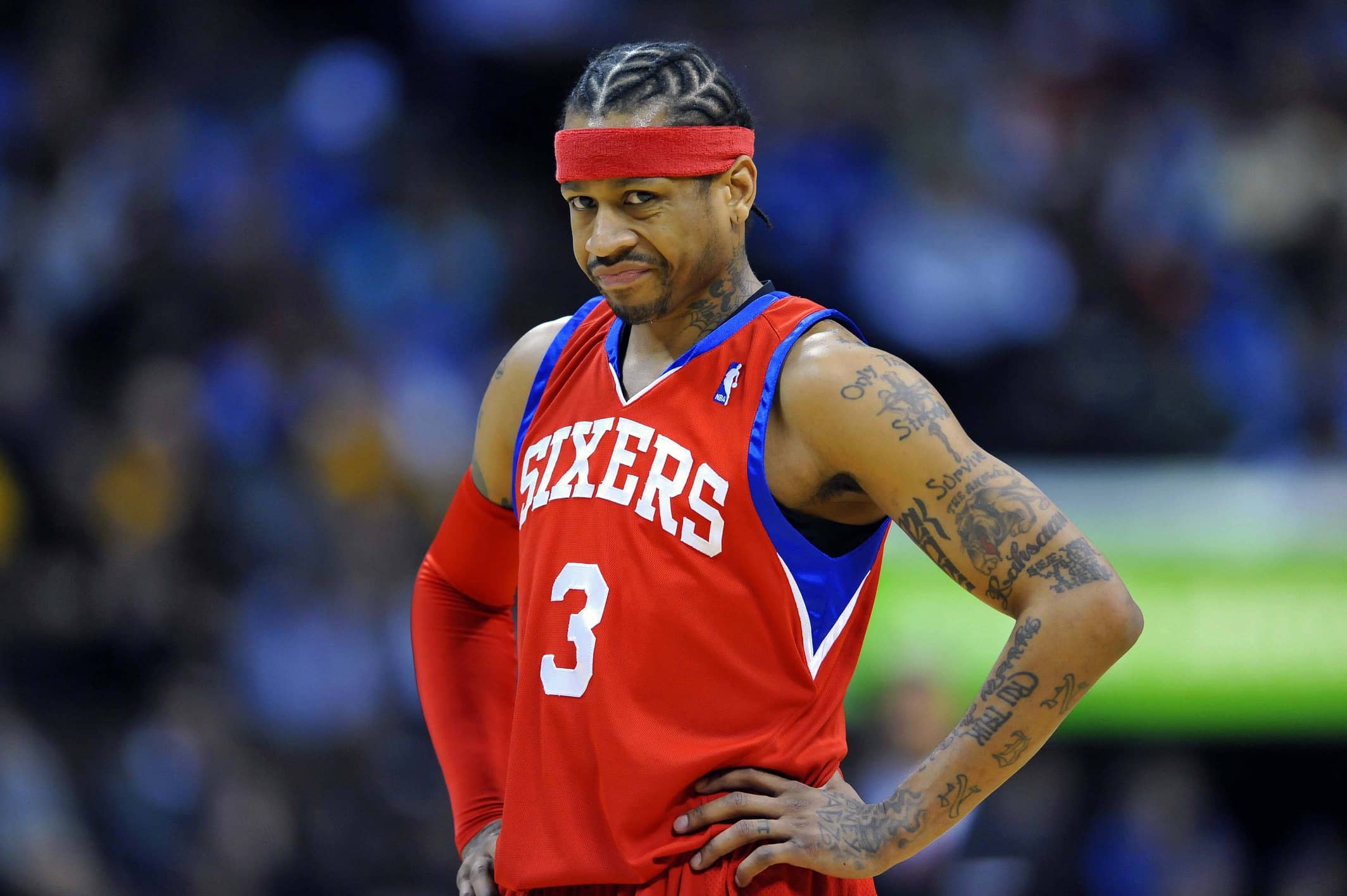 Philadelphia 76ers guard Allen Iverson (3) reacts to a technical foul called early in the first period against the Denver Nuggets at the Pepsi Center.