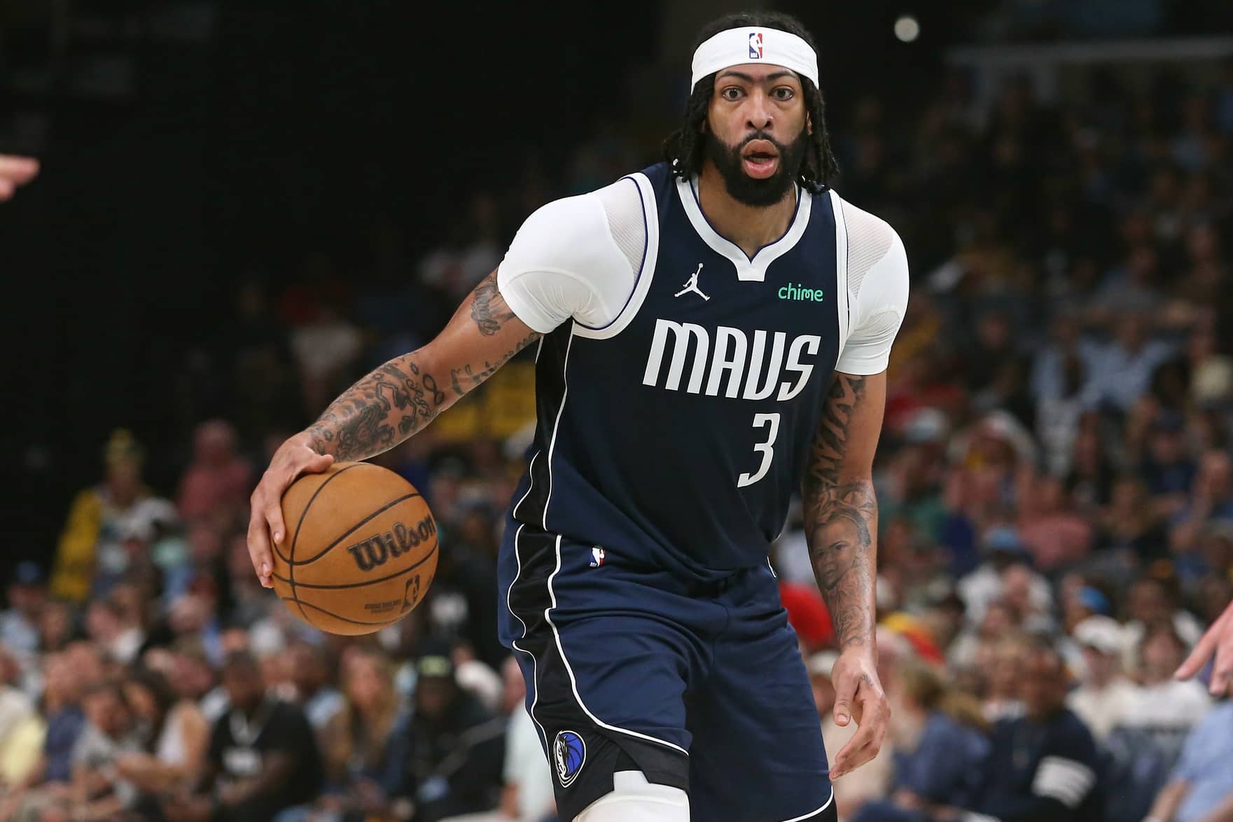 Apr 18, 2025; Memphis, Tennessee, USA; Dallas Mavericks forward Anthony Davis (3) dribbles during the second quarter against the Memphis Grizzlies at FedExForum. Mandatory Credit: Petre Thomas-Imagn Images