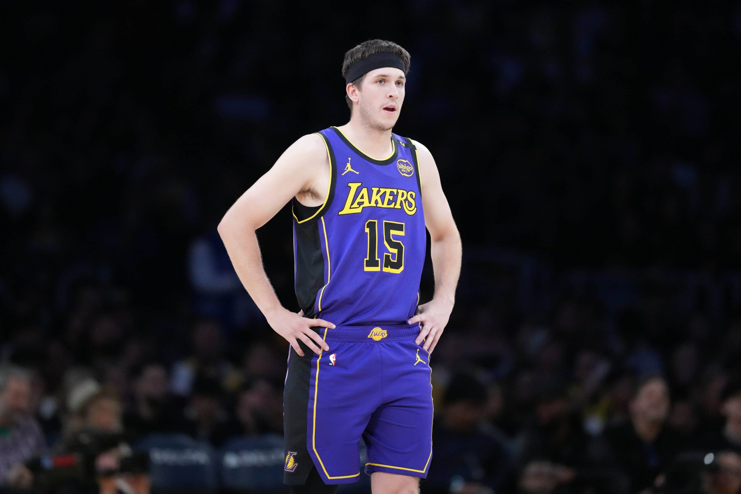 Austin Reaves reacts to a play during a game against the San Antonio Spurs.