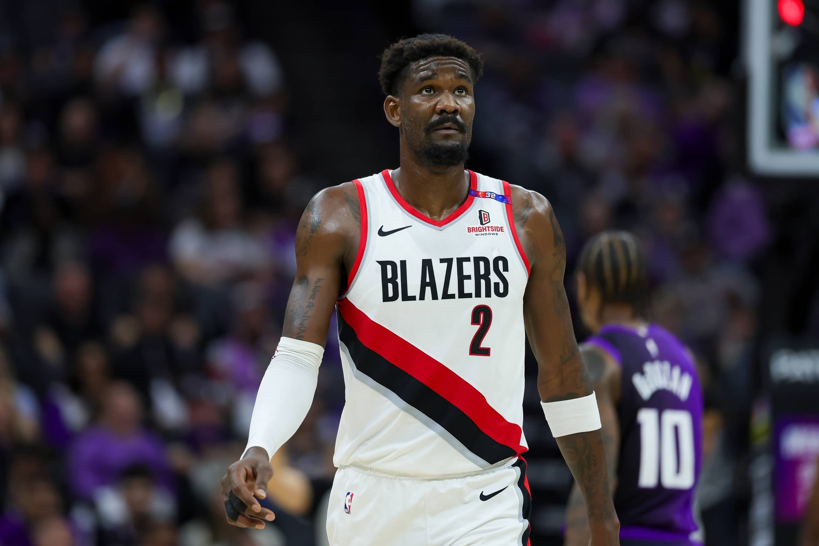 Oct 28, 2024; Sacramento, California, USA; Portland Trail Blazers center Deandre Ayton (2) walks up the court during the second quarter against the Sacramento Kings at Golden 1 Center. Mandatory Credit: Sergio Estrada-Imagn Images