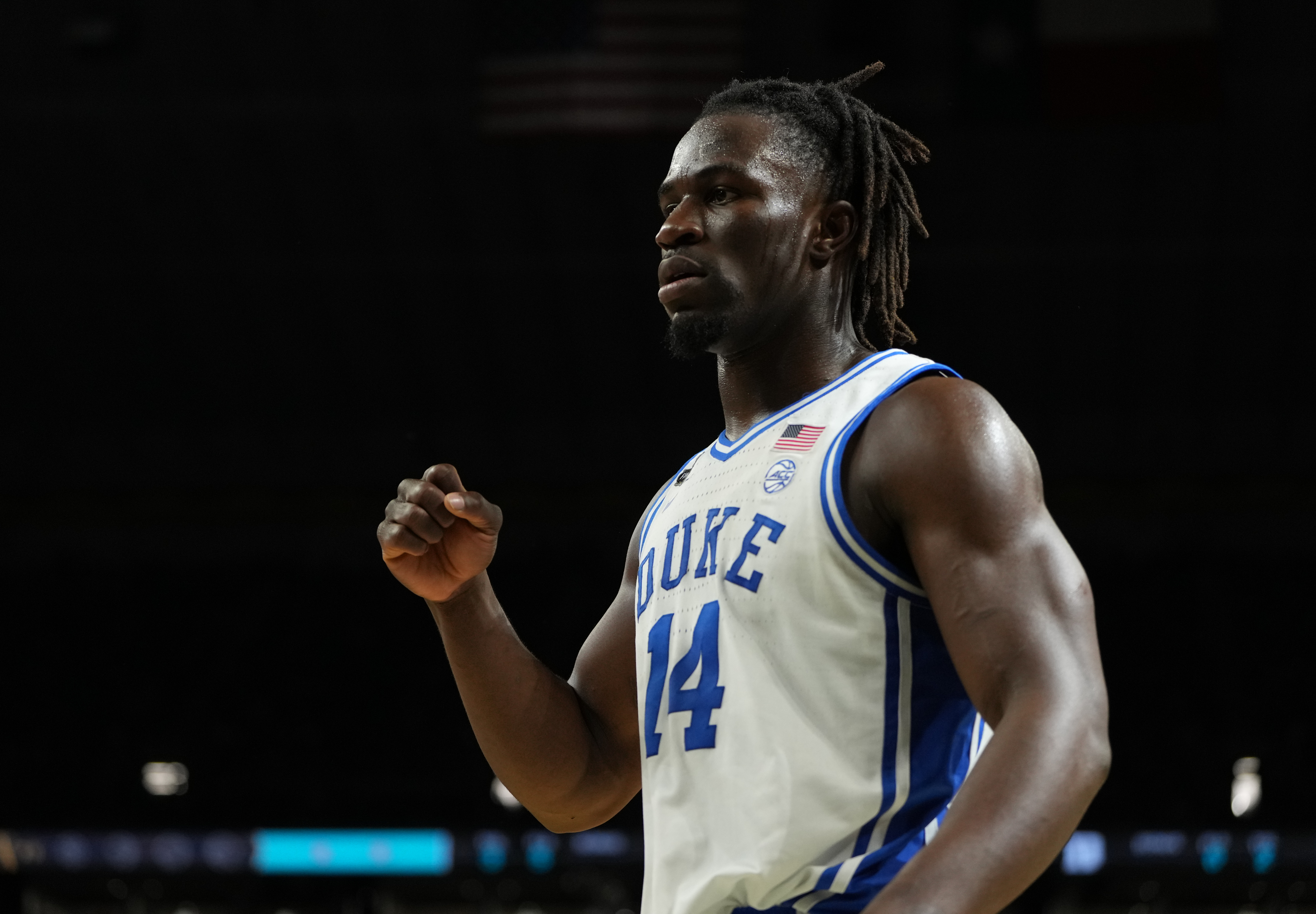 Apr 5, 2025; San Antonio, TX, USA; Duke Blue Devils guard Sion James (14) reacts after a play against the Houston Cougars during the second half in the semifinals of the men's Final Four of the 2025 NCAA Tournament at the Alamodome. Mandatory Credit: Bob Donnan-Imagn Images  
