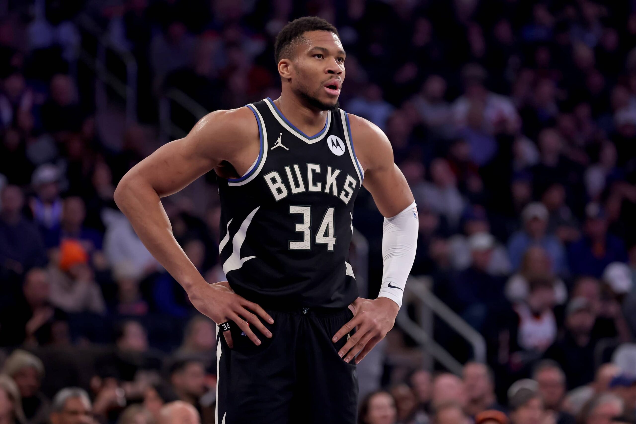 Jan 12, 2025; New York, New York, USA; Milwaukee Bucks forward Giannis Antetokounmpo (34) reacts during the first quarter against the New York Knicks at Madison Square Garden. Mandatory Credit: Brad Penner-Imagn Images
