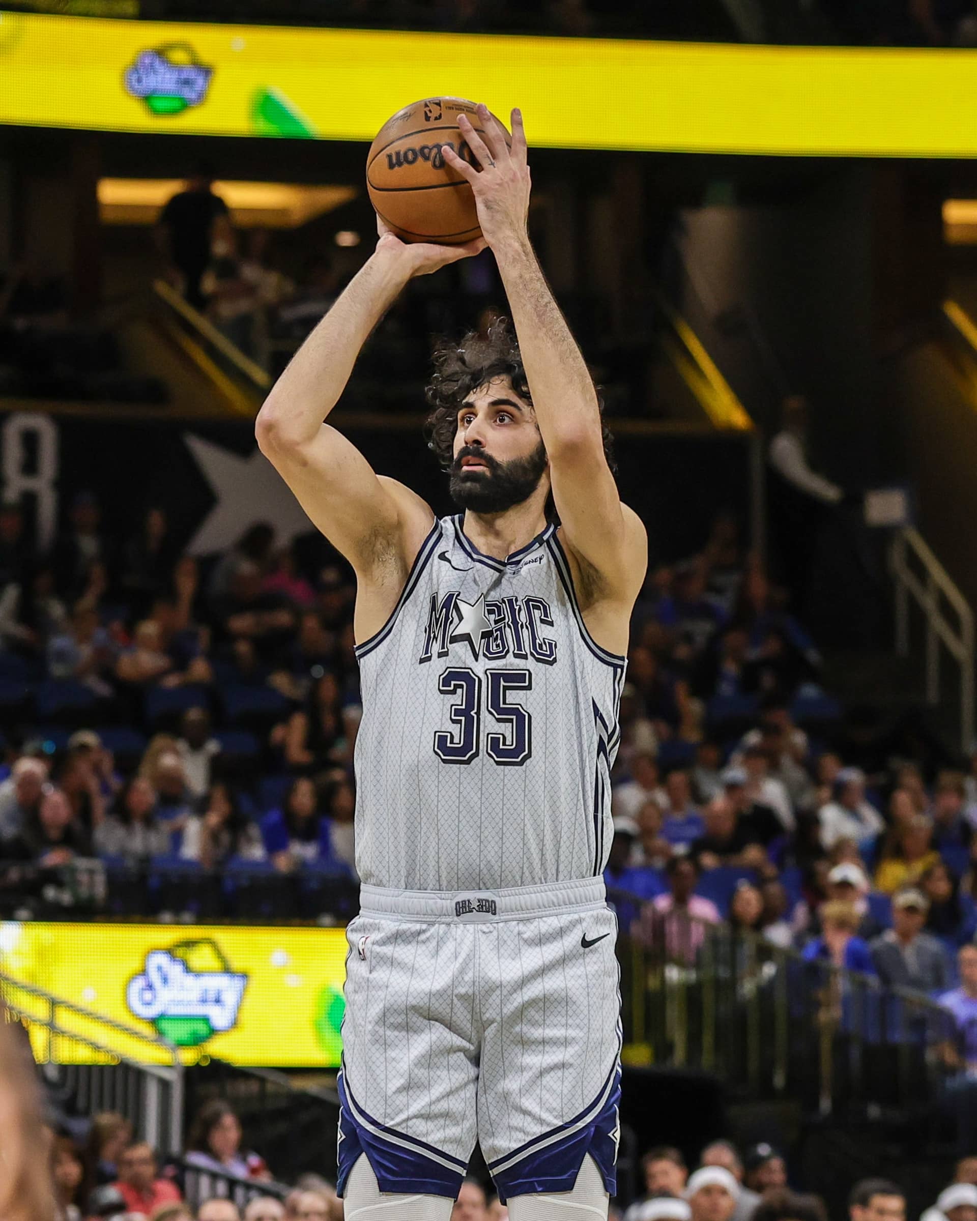 Mar 2, 2025; Orlando, Florida, USA; Orlando Magic center Goga Bitadze (35) shoots the ball during the second quarter against the Toronto Raptors at Kia Center. Mandatory Credit: Mike Watters-Imagn Images