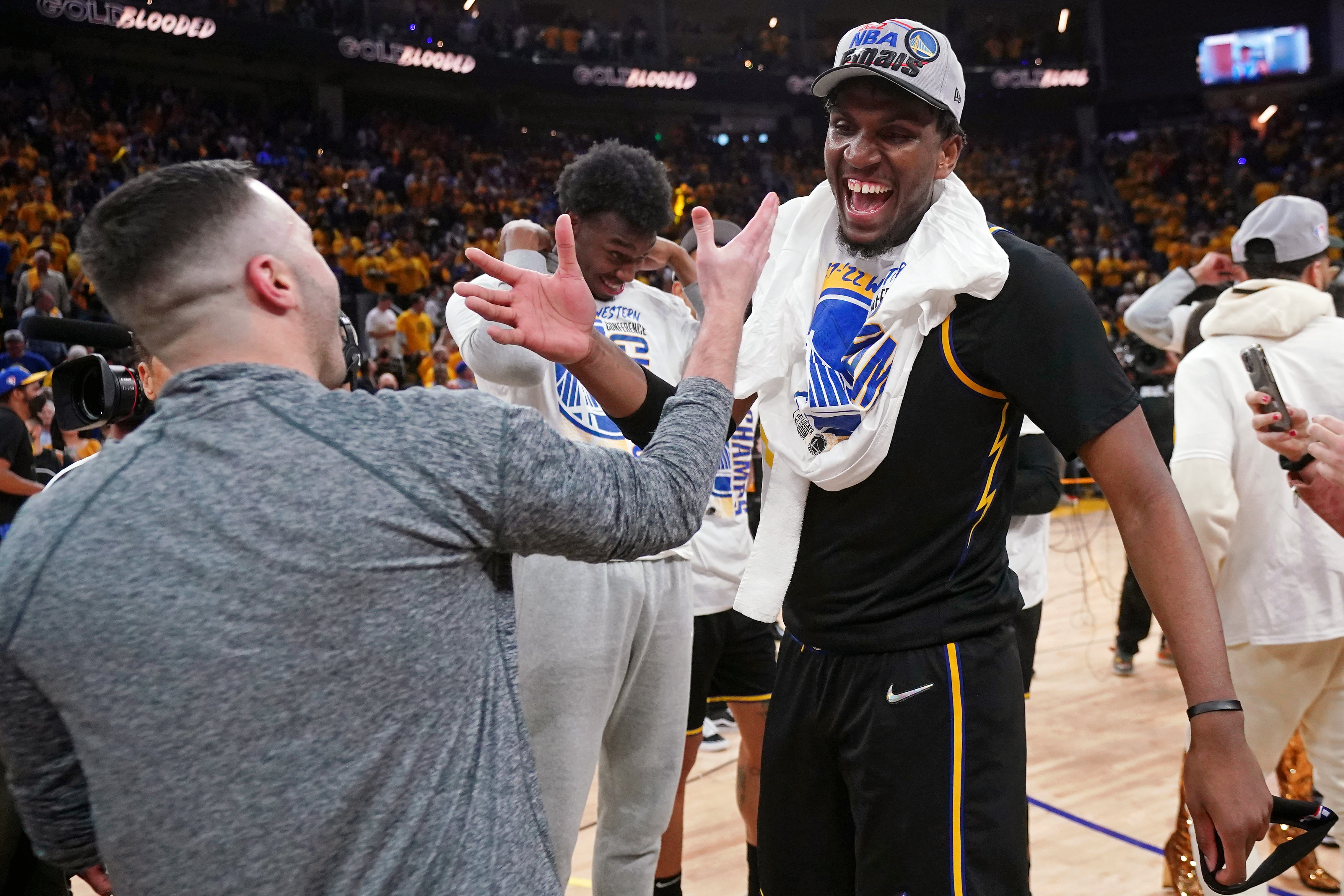 May 26, 2022; San Francisco, California, USA; Golden State Warriors center Kevon Looney (5) celebrates after winning game five of the 2022 Western Conference Finals against the Dallas Mavericks at Chase Center. Mandatory Credit: Cary Edmondson-Imagn Images
