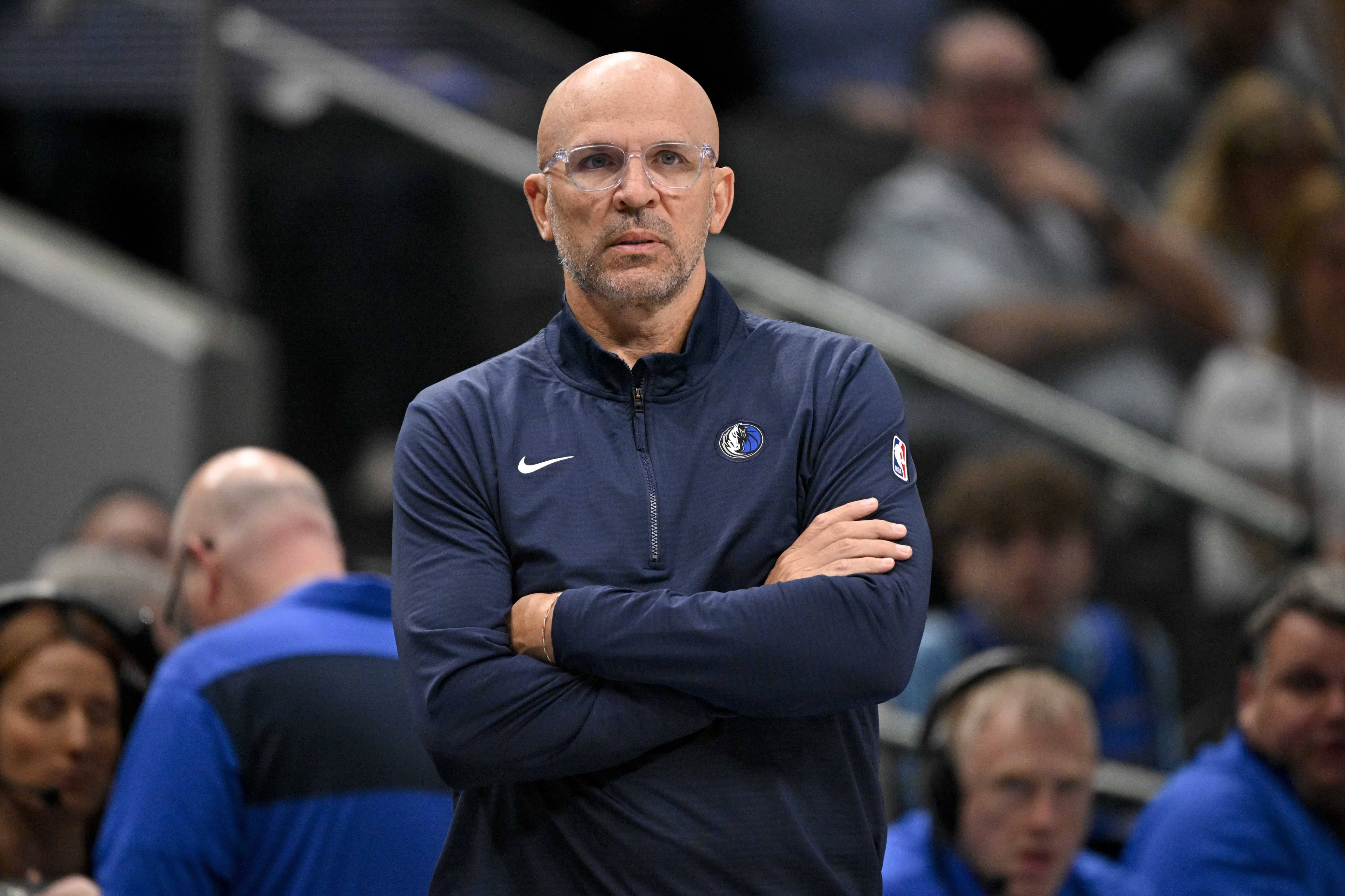 Mar 31, 2025; Dallas, Texas, USA; Dallas Mavericks head coach Jason Kidd during the game between the Dallas Mavericks and the Brooklyn Nets at the American Airlines Center. Mandatory Credit: Jerome Miron-Imagn Images