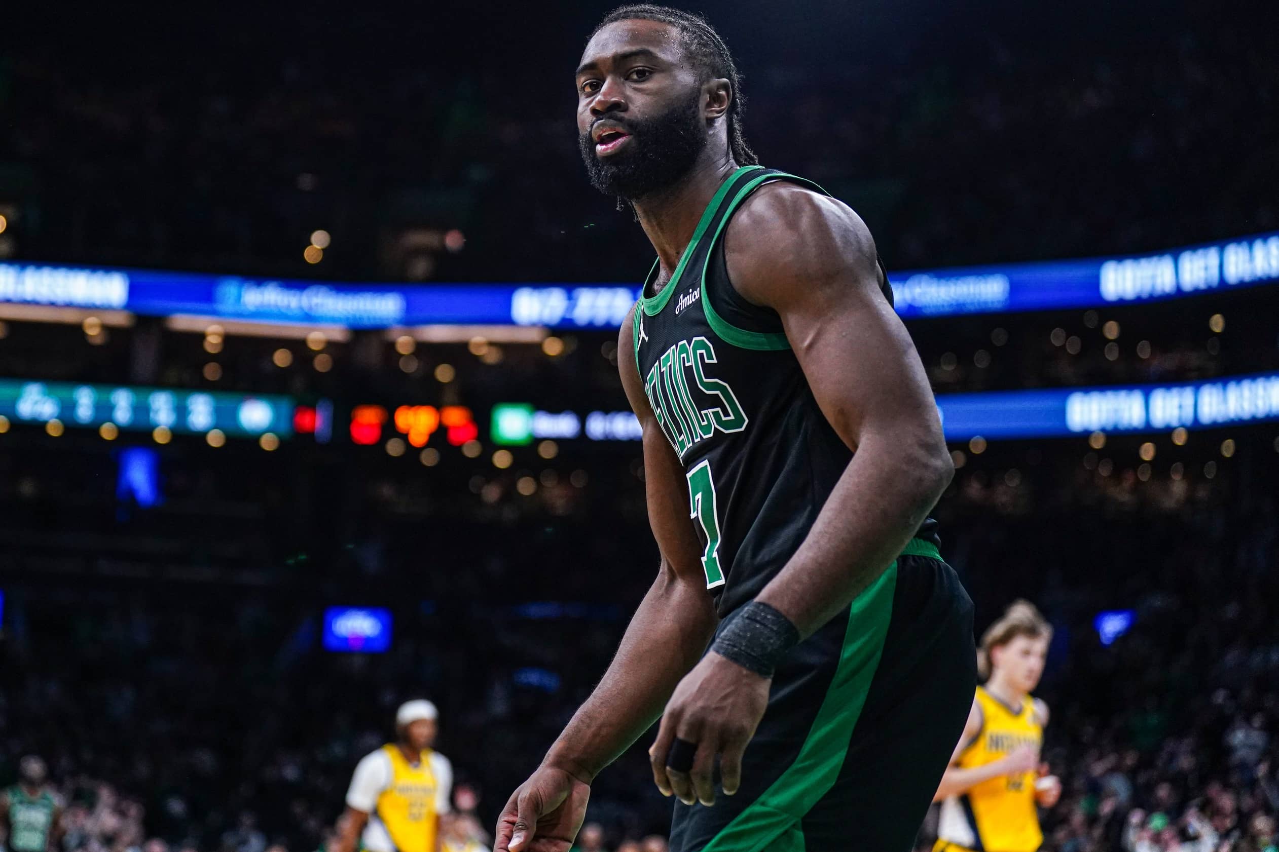 Boston, Massachusetts, USA; Boston Celtics guard Jaylen Brown (7) reacts after stealing the ball and making the basket against the Indiana Pacers in the second quarter at TD Garden. Mandatory Credit: David Butler II-Imagn Images