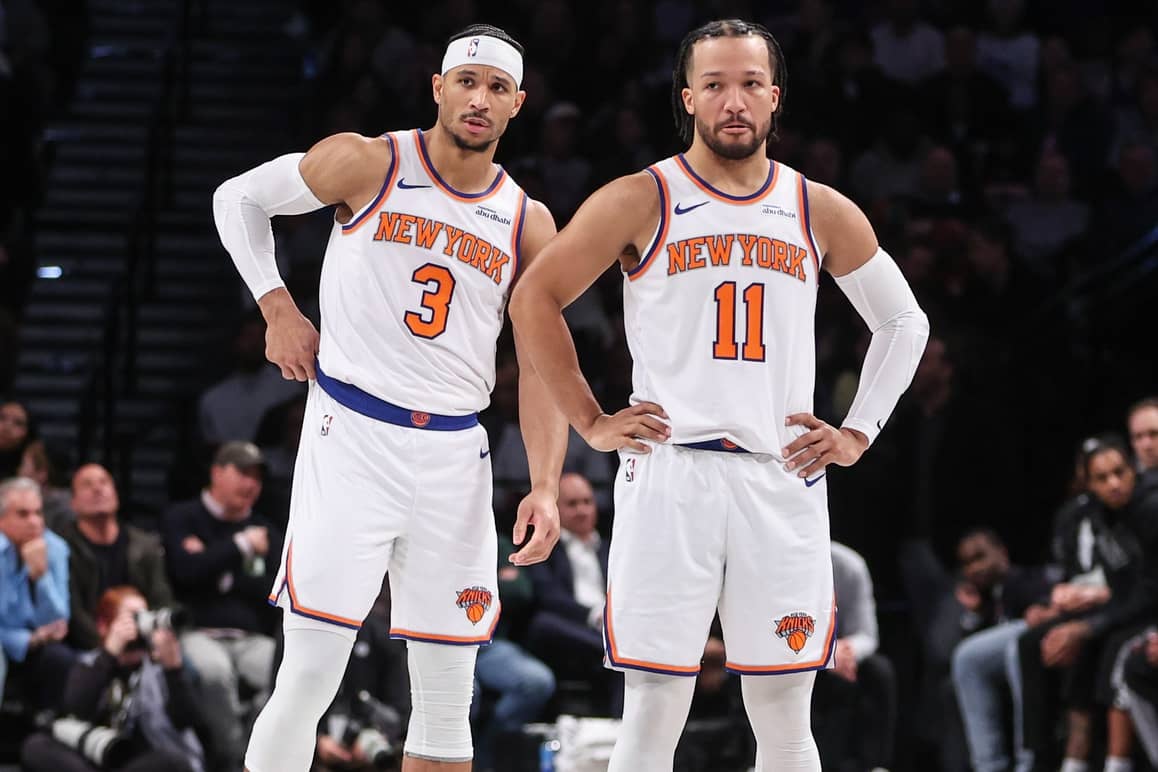 Jan 21, 2025; Brooklyn, New York, USA; New York Knicks guards Josh Hart (3) and Jalen Brunson (11) at Barclays Center.