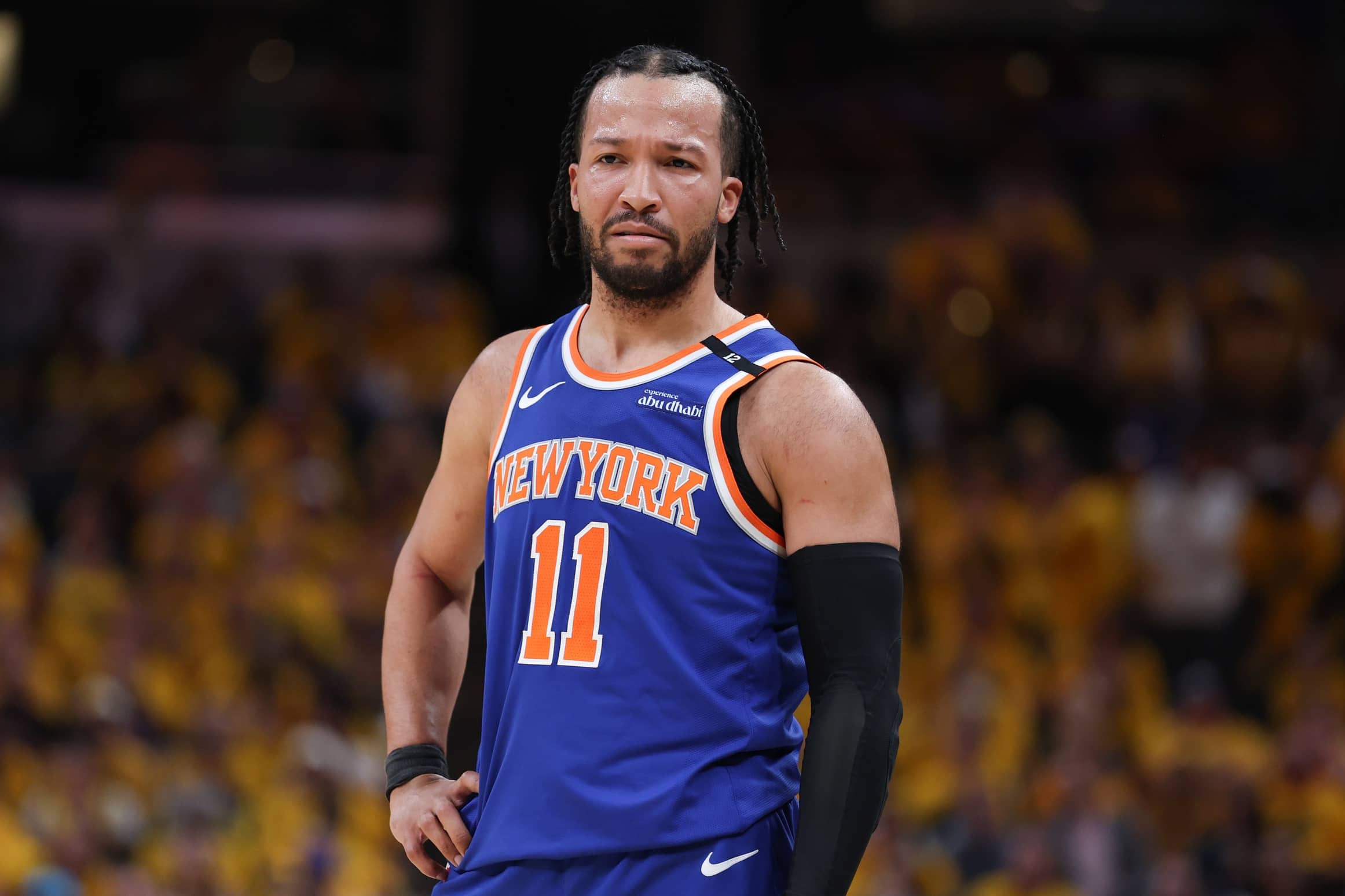New York Knicks guard Jalen Brunson (11) reacts in the second quarter during game six of the Eastern Conference Finals against the Indiana Pacers for the 2025 NBA Playoffs at Gainbridge Fieldhouse.
