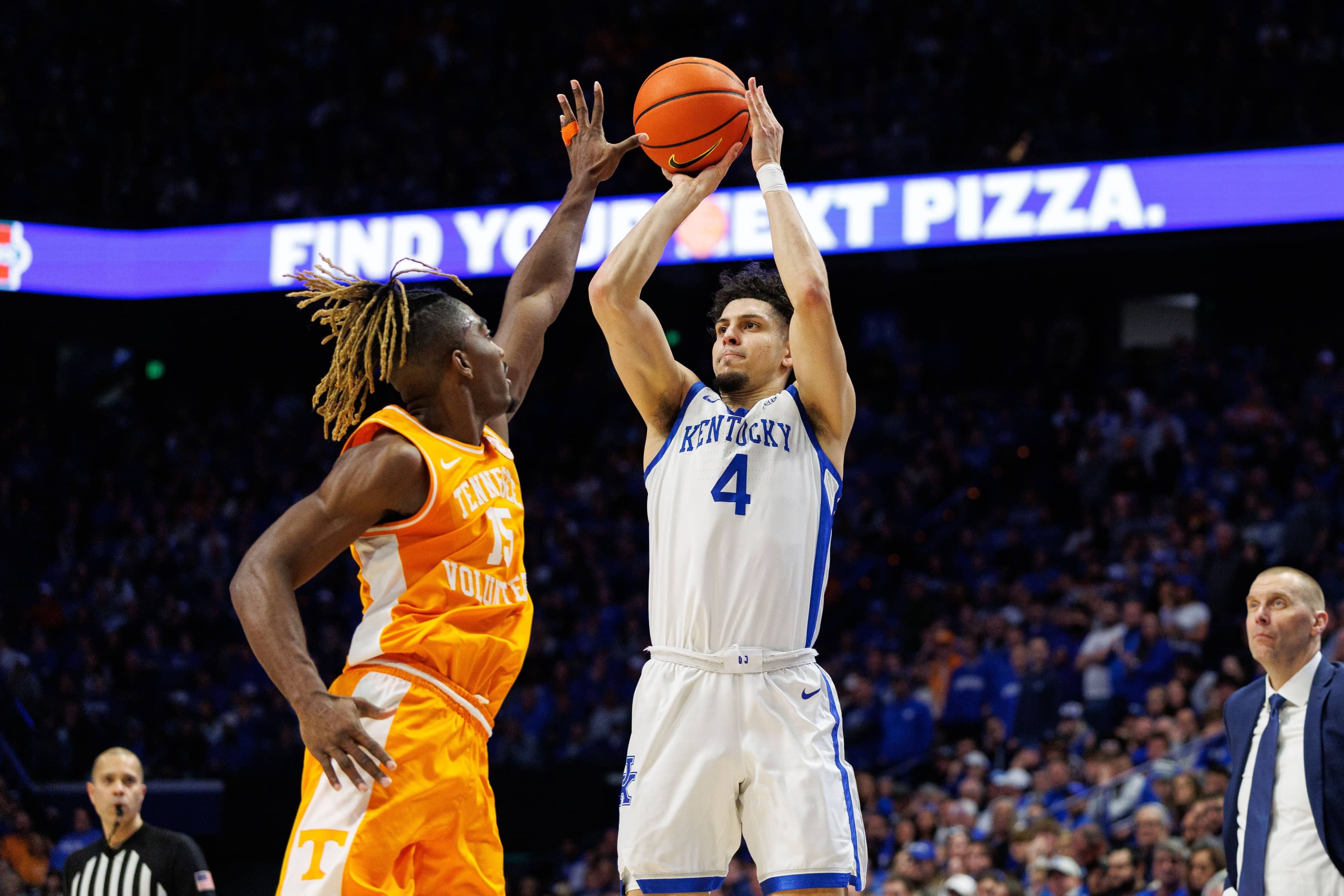 Feb 11, 2025; Lexington, Kentucky, USA; Kentucky Wildcats guard Koby Brea (4) shoots the ball over Tennessee Volunteers guard Jahmai Mashack (15) during the second half at Rupp Arena at Central Bank Center. Mandatory Credit: Jordan Prather-Imagn Images