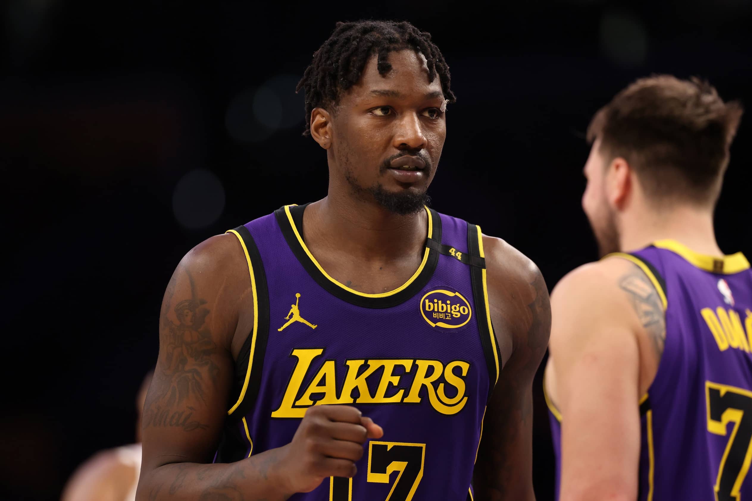 Los Angeles Lakers forward Dorian Finney-Smith (17) reacts to a play during the fourth quarter against the Houston Rockets at Crypto.com Arena.