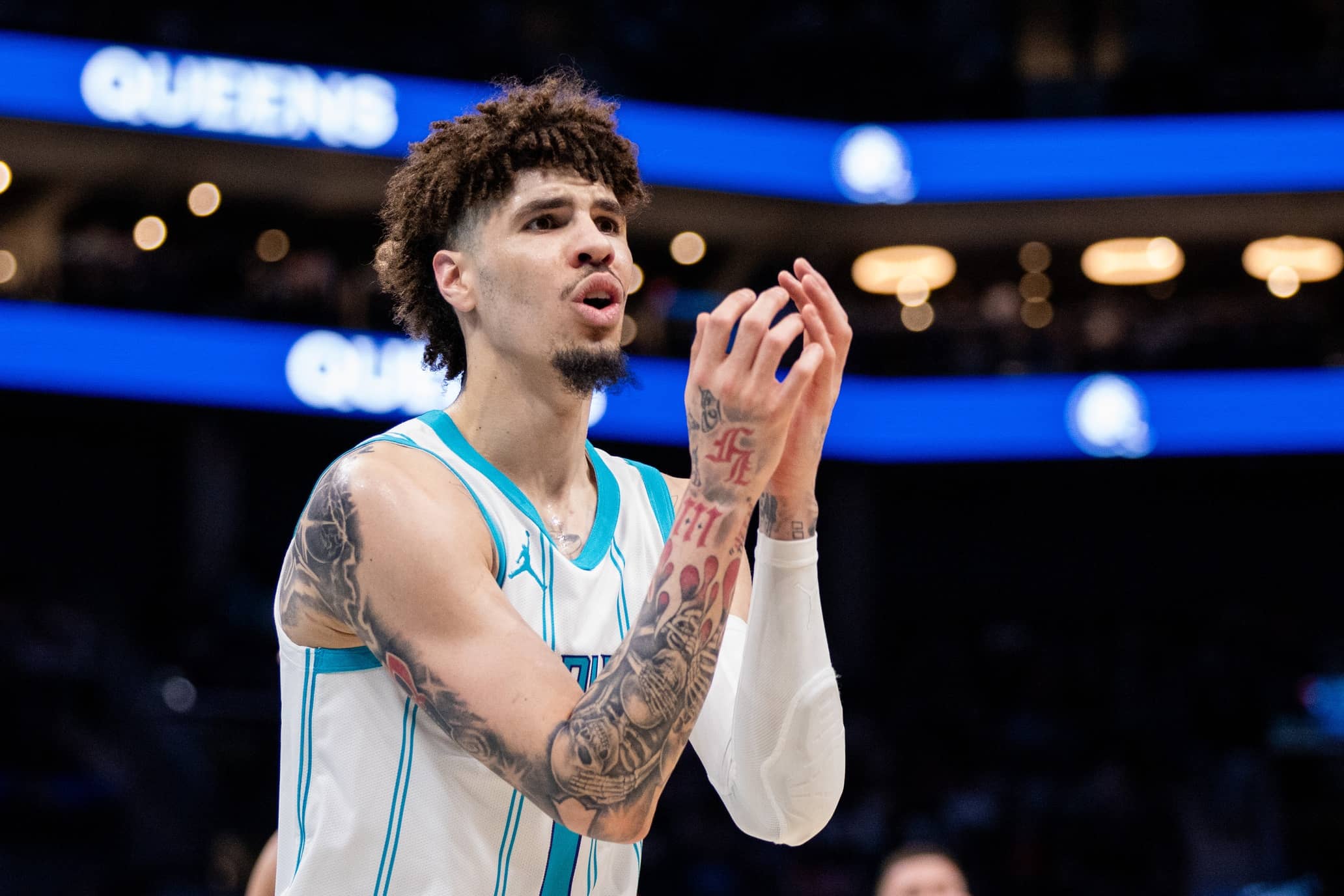 Nov 10, 2024; Philadelphia, Pennsylvania, USA; Charlotte Hornets guard LaMelo Ball (1) dribbles up court against the Philadelphia 76ers during the first quarter at Wells Fargo Center. Mandatory Credit: Bill Streicher-Imagn Images