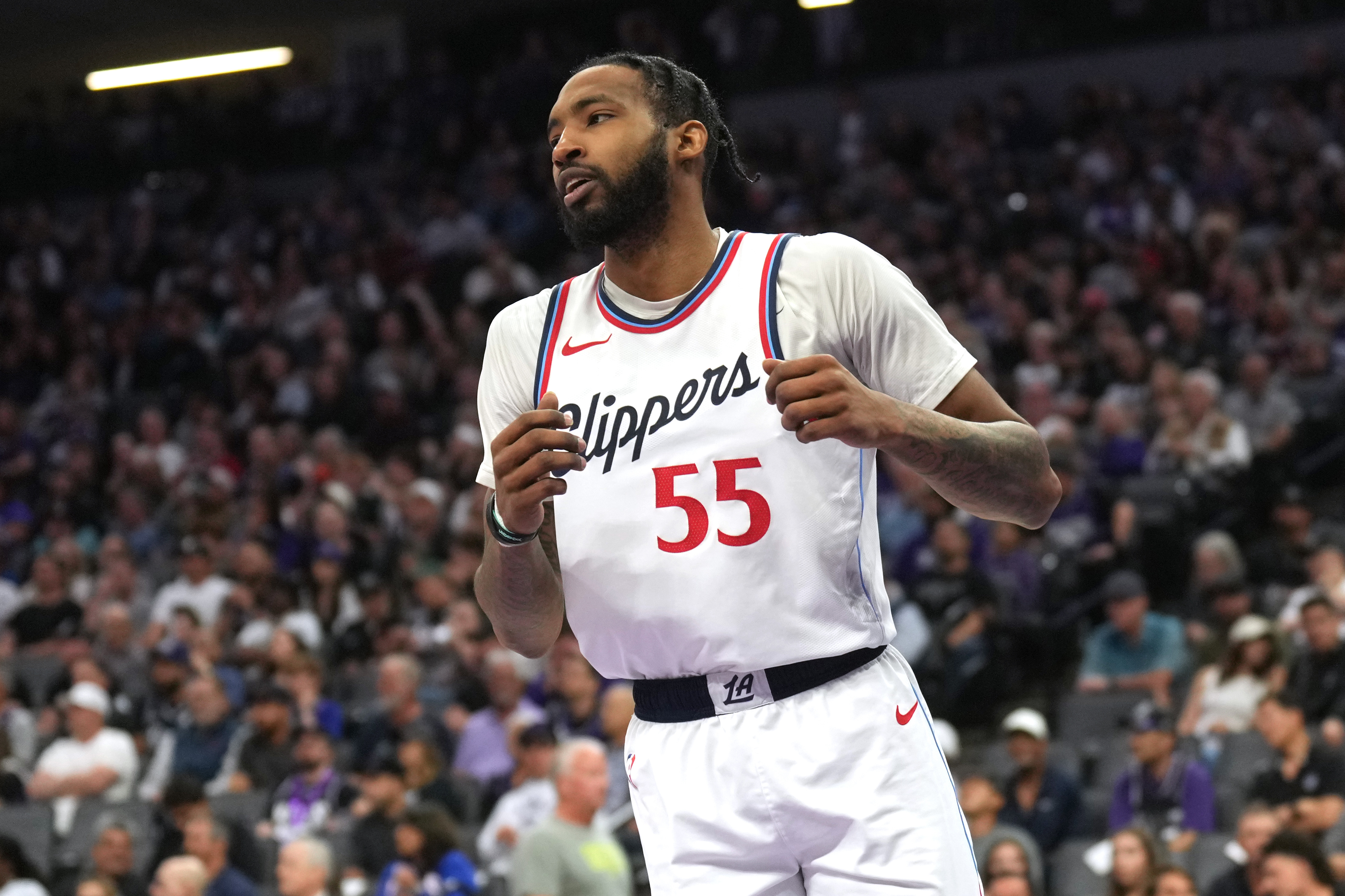 Apr 11, 2025; Sacramento, California, USA; Los Angeles Clippers forward Derrick Jones Jr. (55) during the fourth quarter against the Sacramento Kings at Golden 1 Center. Mandatory Credit: Darren Yamashita-Imagn Images  