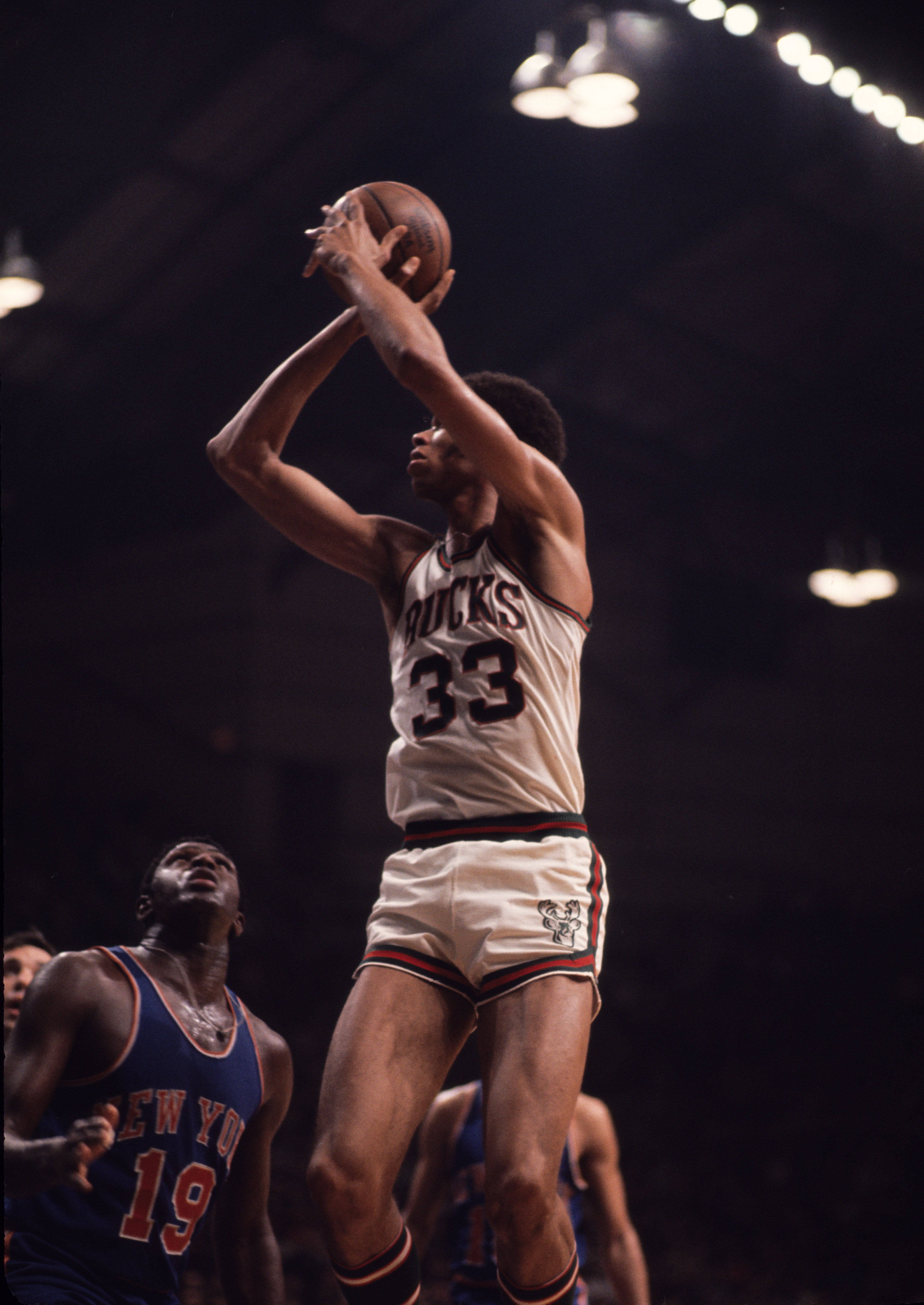Dec 1969; USA; FILE PHOTO; Milwaukee Bucks center Kareem Abdul-Jabbar (33) against the New York Knicks. Mandatory Credit: Malcolm Emmons-USA TODAY Network.  