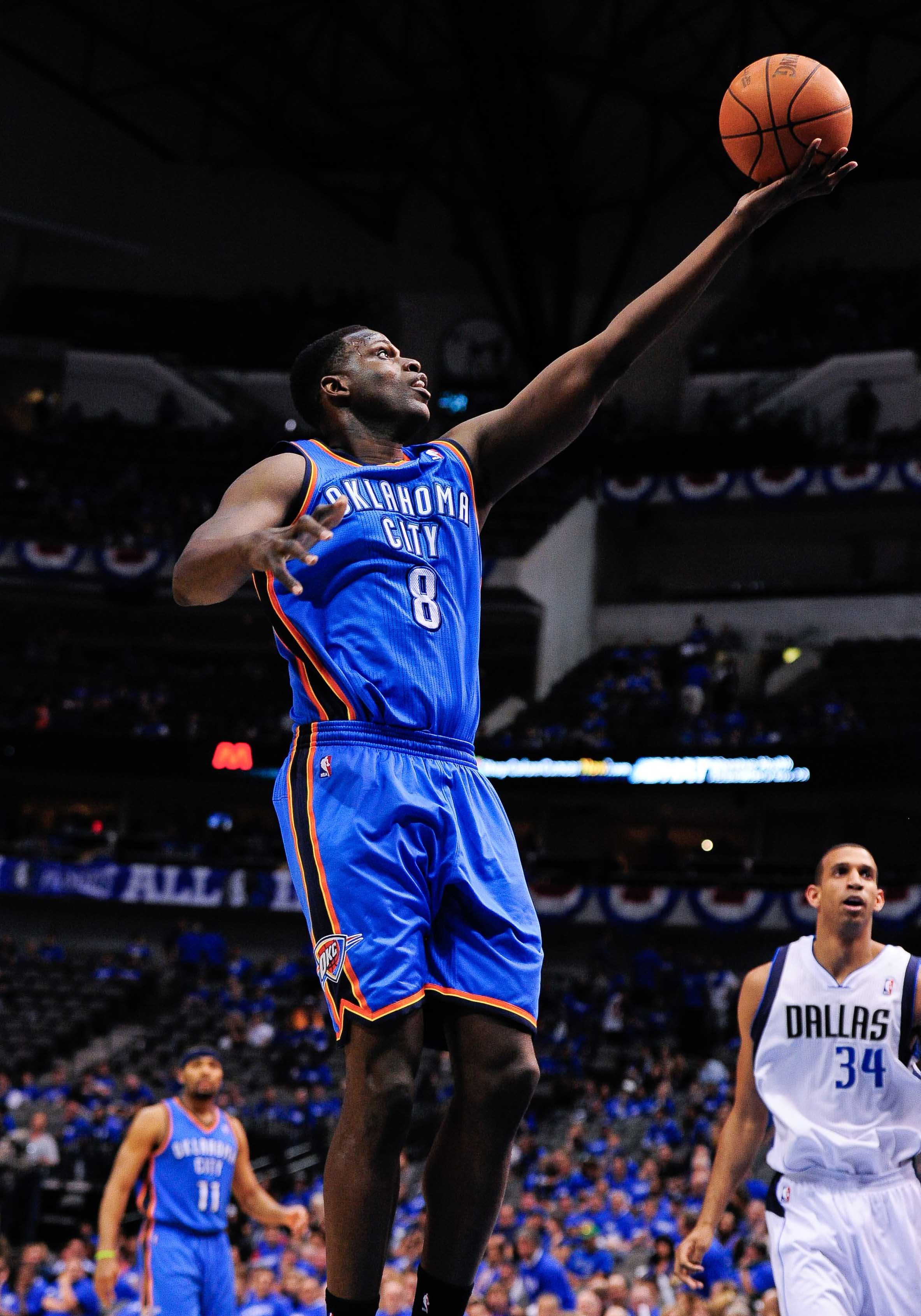 Dallas, TX, USA; Oklahoma City Thunder center Nazr Mohammed (8) shoots a layup against the Dallas Mavericks during game three in the Western Conference quarterfinals of the 2012 NBA Playoffs at the American Airlines Center. The Thunder defeated the Mavericks 95-79. Mandatory Credit: Jerome Miron-Imagn Images
