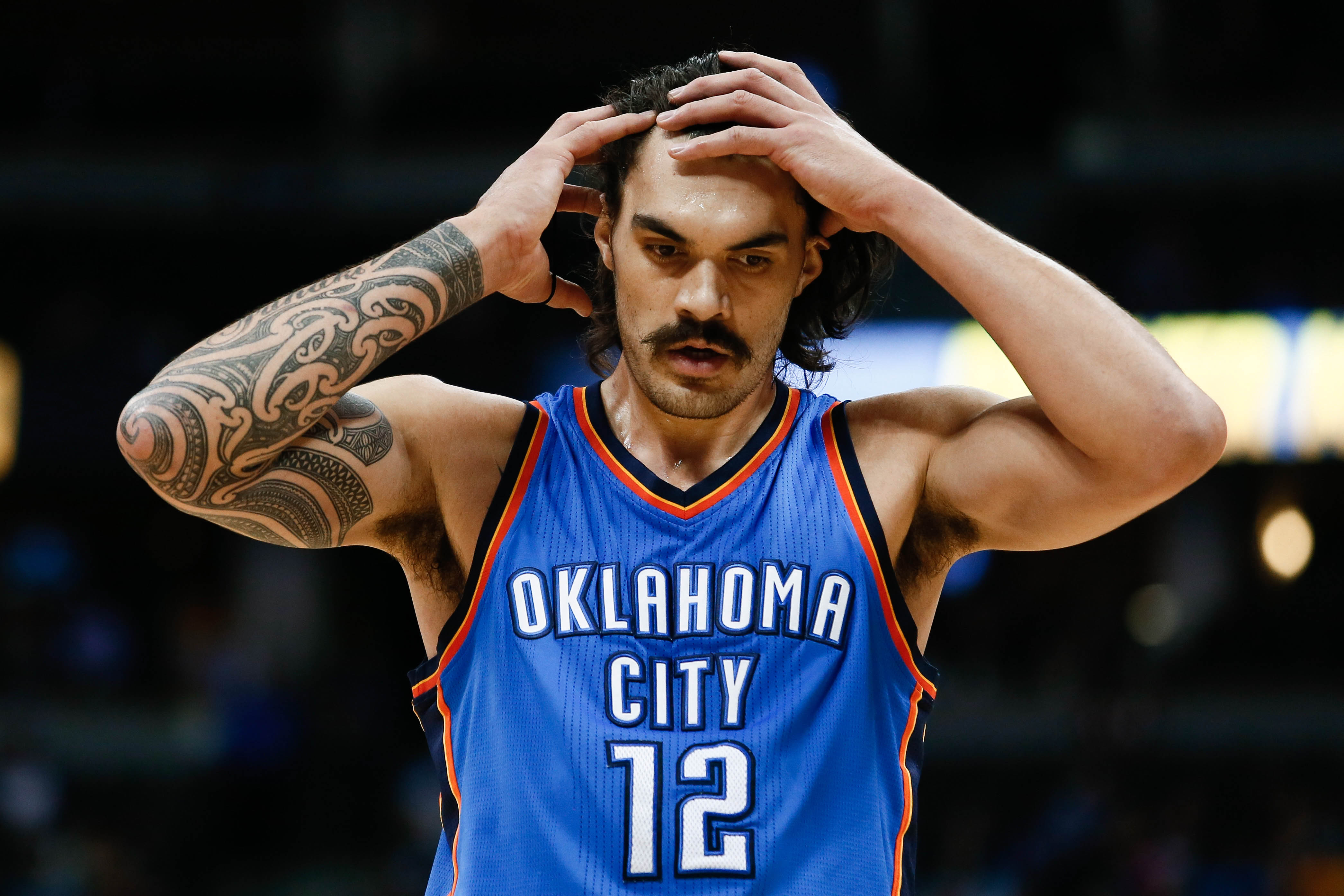 Jan 19, 2016; Denver, CO, USA; Oklahoma City Thunder center Steven Adams (12) in the third quarter against the Denver Nuggets at the Pepsi Center. Mandatory Credit: Isaiah J. Downing-Imagn Images  