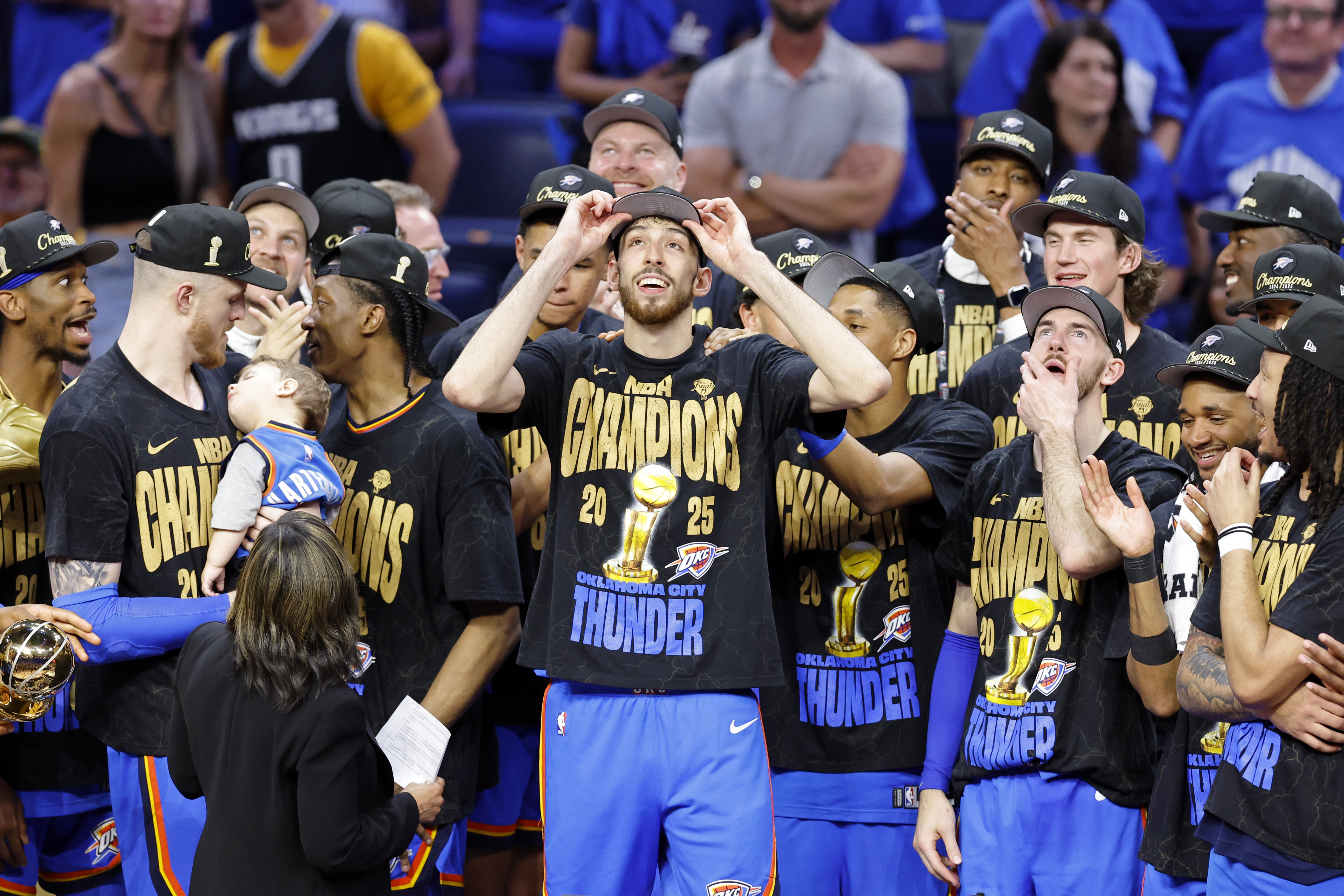 Jun 22, 2025; Oklahoma City, Oklahoma, USA; Oklahoma City Thunder forward Chet Holmgren (7) celebrates after winning game seven of the 2025 NBA Finals against the Indiana Pacers at Paycom Center. Mandatory Credit: Alonzo Adams-Imagn Images  