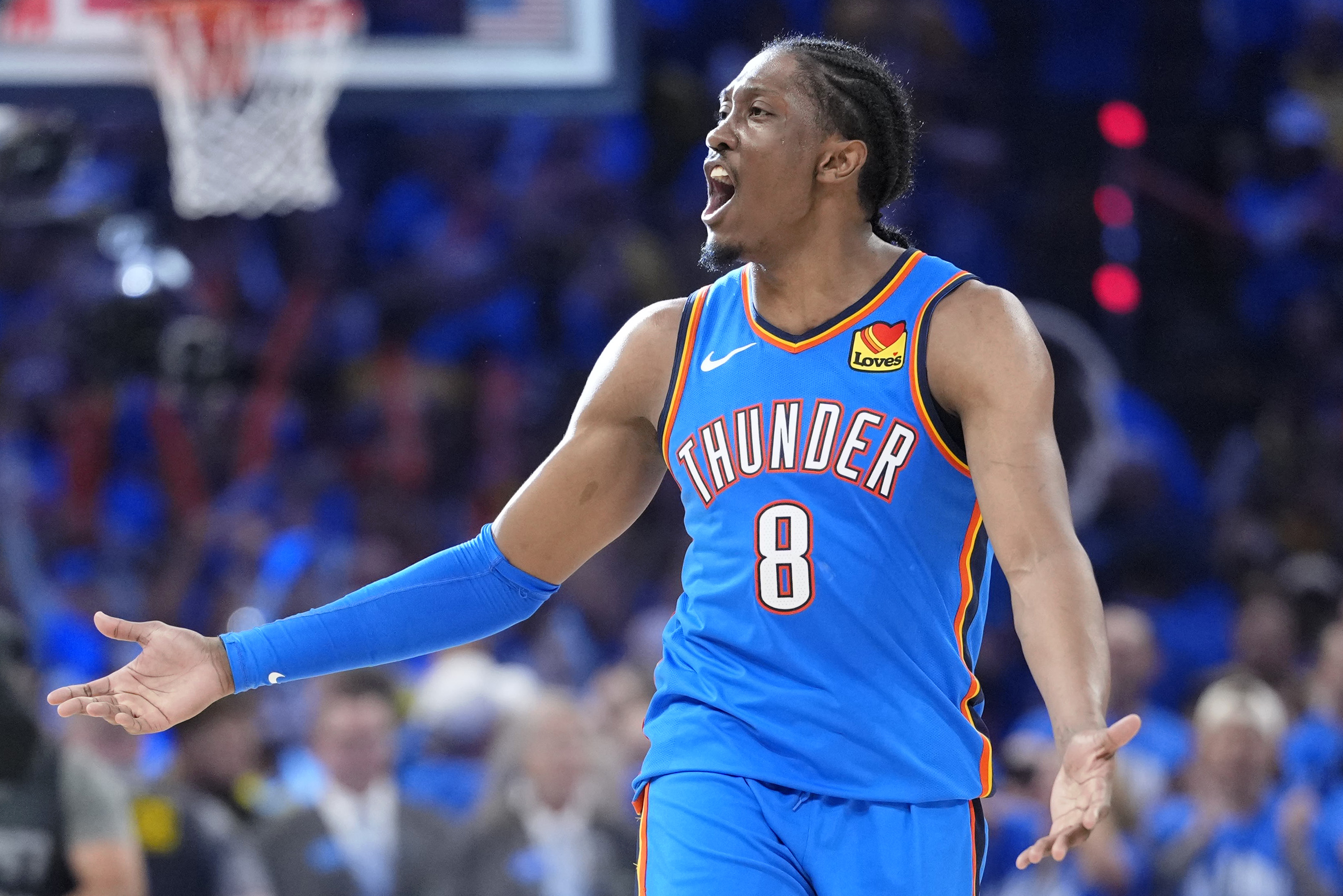Jun 22, 2025; Oklahoma City, Oklahoma, USA; Oklahoma City Thunder forward Jalen Williams (8) reacts after a play against the Indiana Pacers during the second half of game seven of the 2025 NBA Finals at Paycom Center. Mandatory Credit: Kyle Terada-Imagn Images  