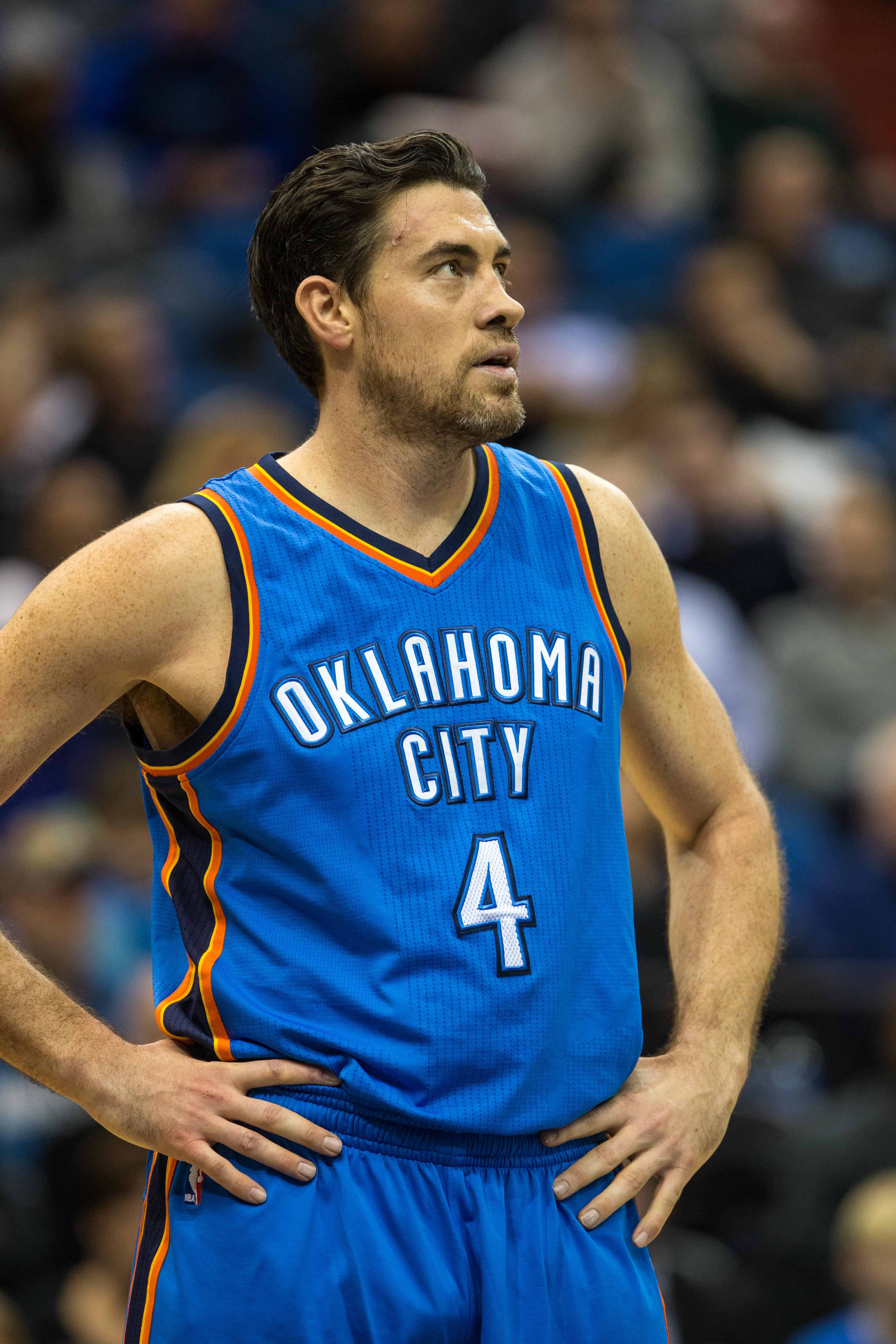 Jan 12, 2016; Minneapolis, MN, USA; Oklahoma City Thunder forward Nick Collison (4) against the Minnesota Timberwolves at Target Center. The Thunder defeated the Timberwolves 101-96. Mandatory Credit: Brace Hemmelgarn-Imagn Images  