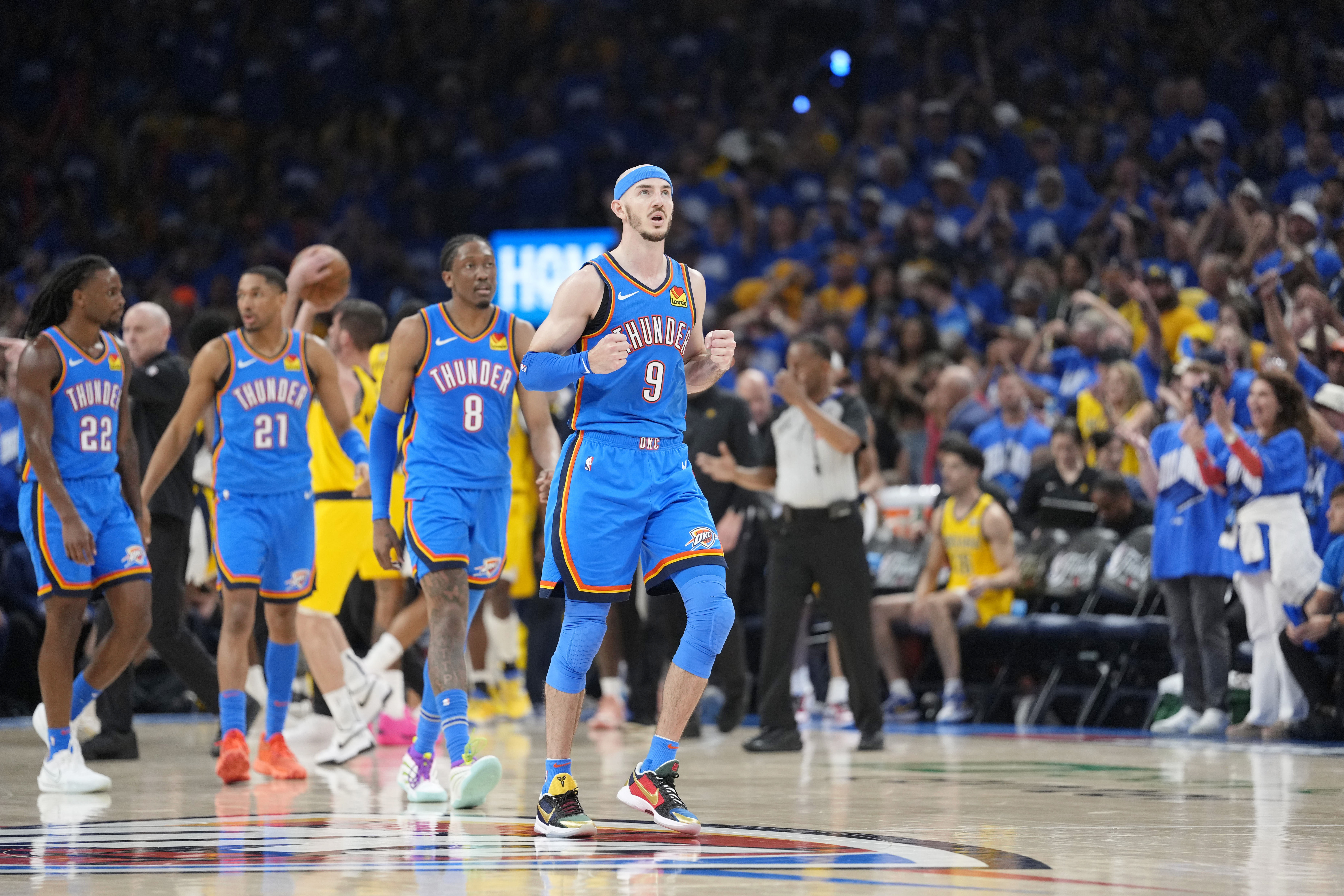 Jun 22, 2025; Oklahoma City, Oklahoma, USA; Oklahoma City Thunder guard Alex Caruso (9) reacts after a play against the Indiana Pacers during the second half of game seven of the 2025 NBA Finals at Paycom Center. Mandatory Credit: Kyle Terada-Imagn Images  