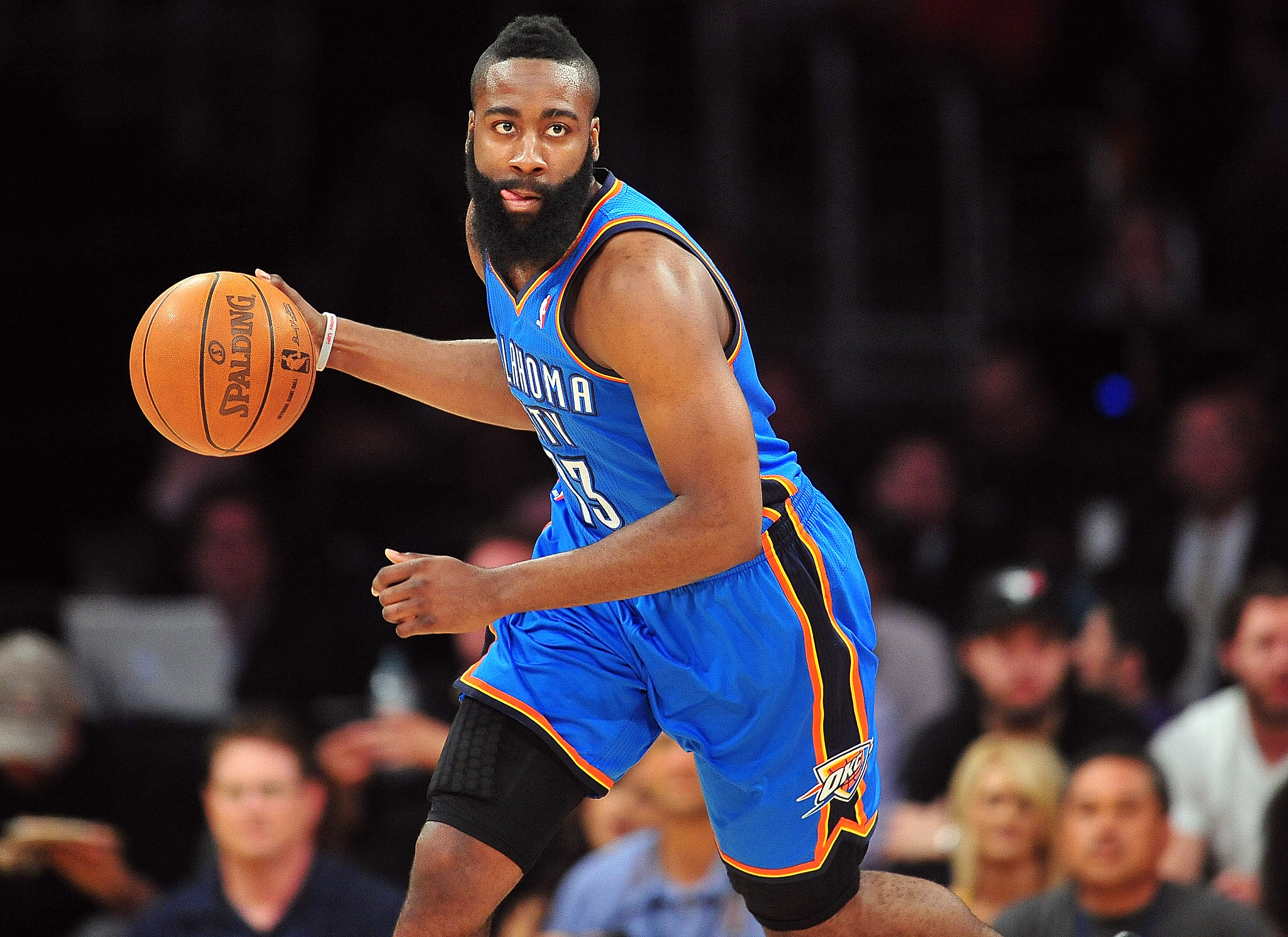May 18, 2012; Los Angeles, CA, USA; Oklahoma City Thunder guard James Harden (13) moves the ball up court against the Los Angeles Lakers during the first half of game three of the Western Conference semifinals of the 2012 NBA Playoffs at Staples Center. Mandatory Credit: Gary A. Vasquez-Imagn Images  