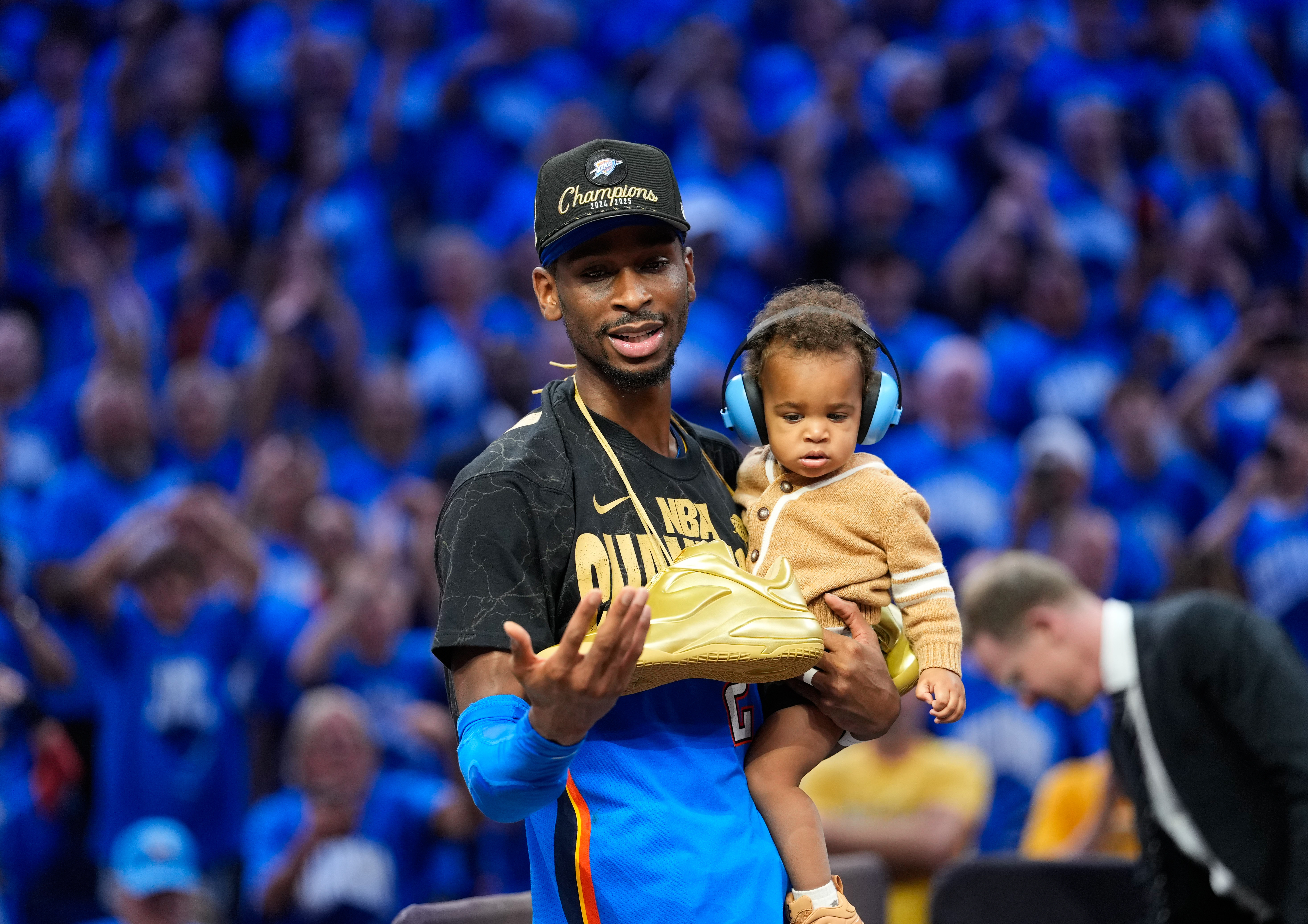 Jun 22, 2025; Oklahoma City, Oklahoma, USA; Oklahoma City Thunder guard Shai Gilgeous-Alexander (2) after winning game seven of the 2025 NBA Finals against the Indiana Pacers at Paycom Center. Mandatory Credit: Kyle Terada-Imagn Images  