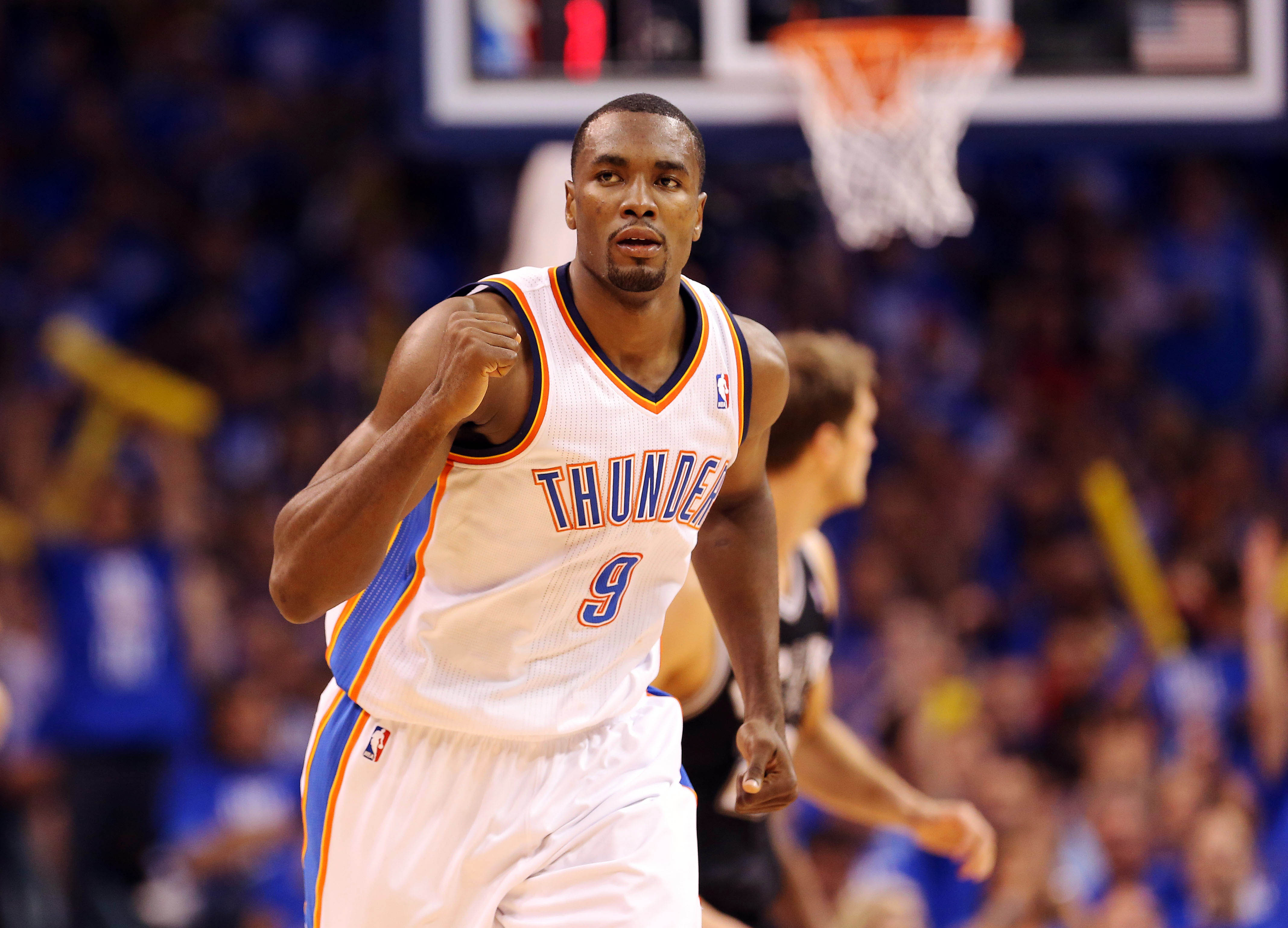 May 31, 2012; Oklahoma City, OK, USA; Oklahoma City Thunder power forward Serge Ibaka (9) reacts after scoring against the San Antonio Spurs during the second half in game three of the Western Conference finals of the 2012 NBA playoffs at Chesapeake Energy Arena. Mandatory Credit: Kevin Jairaj-Imagn Images  