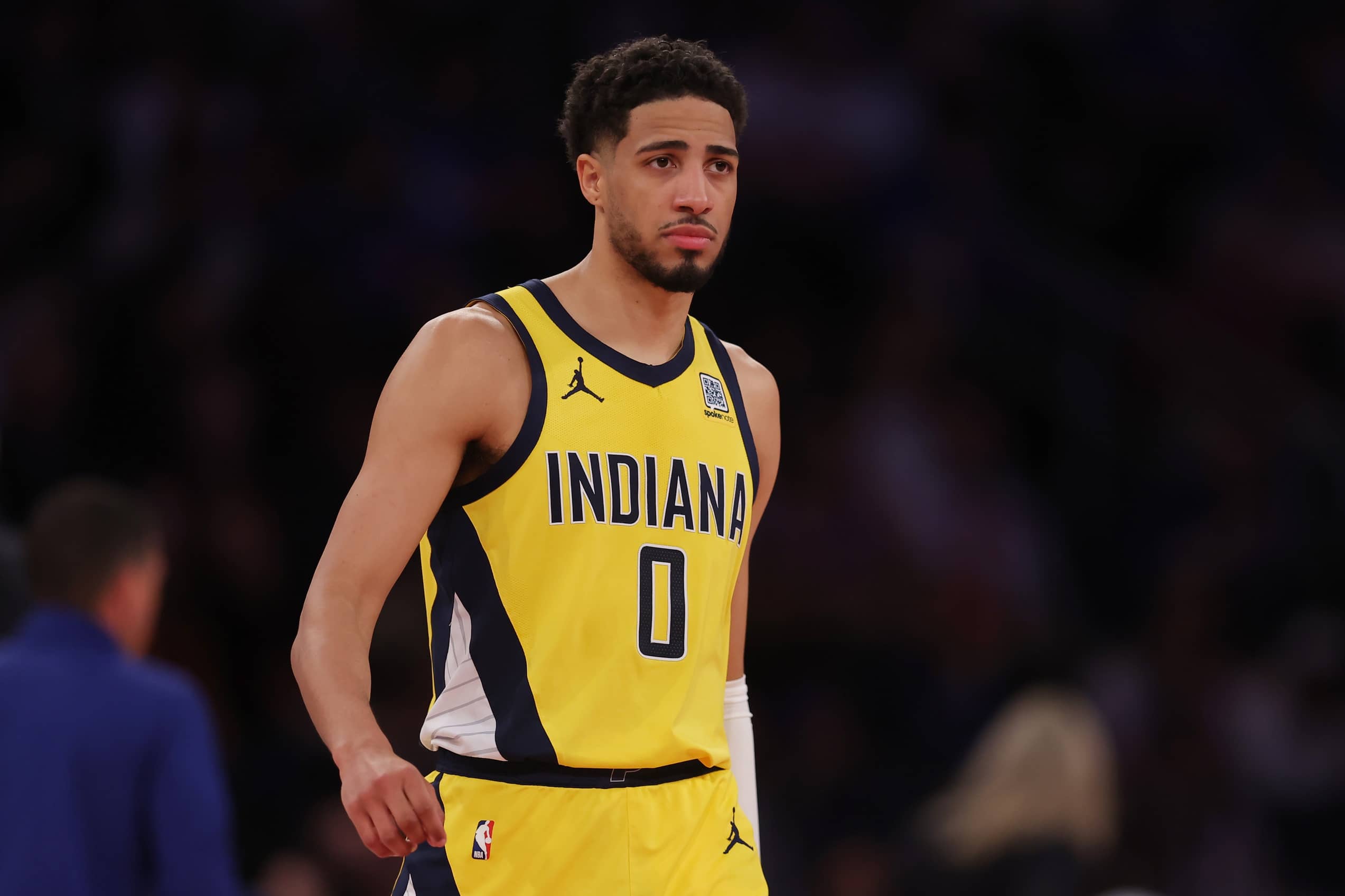 Indiana Pacers guard Tyrese Haliburton (0) reacts in the third quarter against the New York Knicks during game one of the Eastern Conference Finals for the 2025 NBA Playoffs at Madison Square Garden.